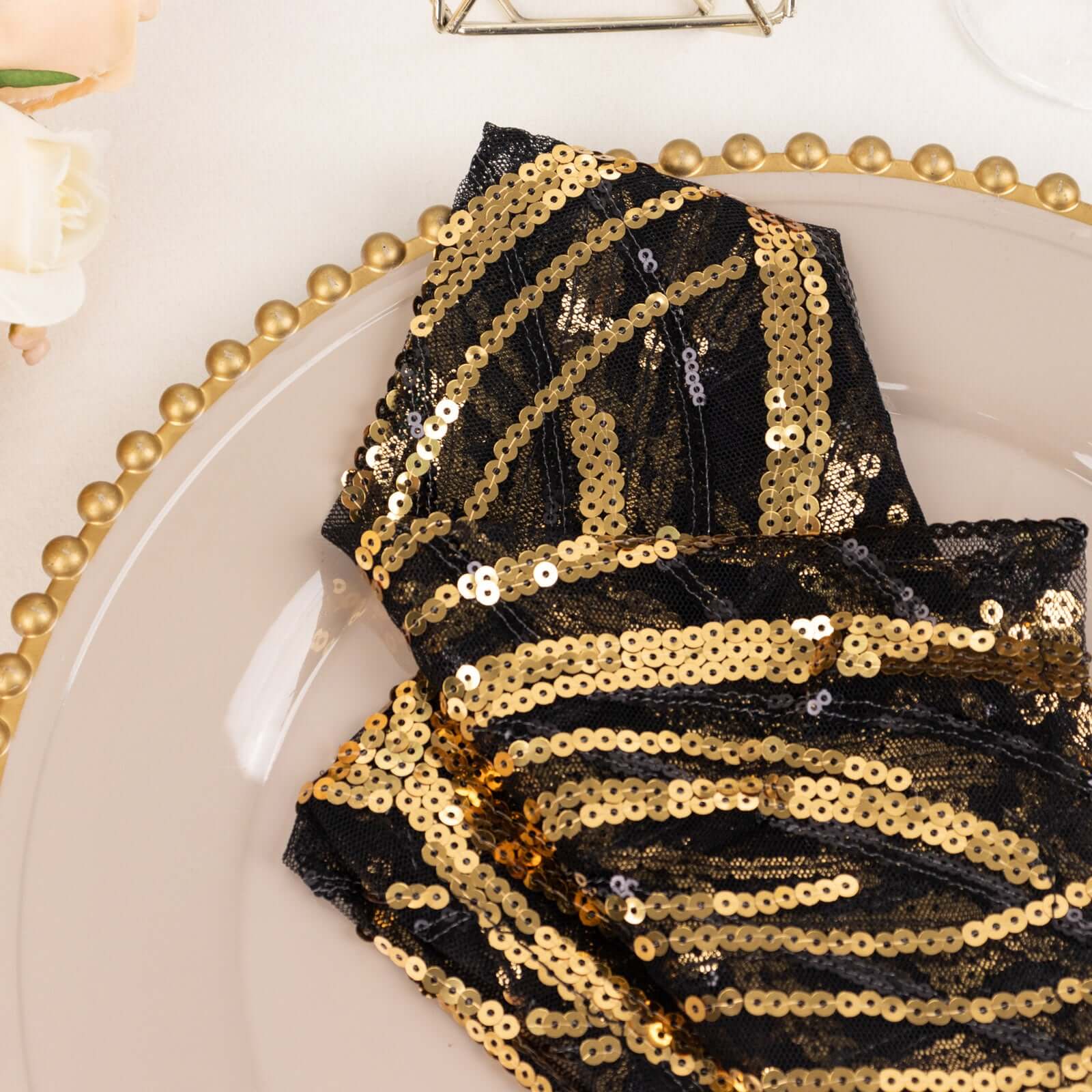 Sequin Mesh 20"x20" Napkin Black Gold - Wave Embroidered Reusable Napkin