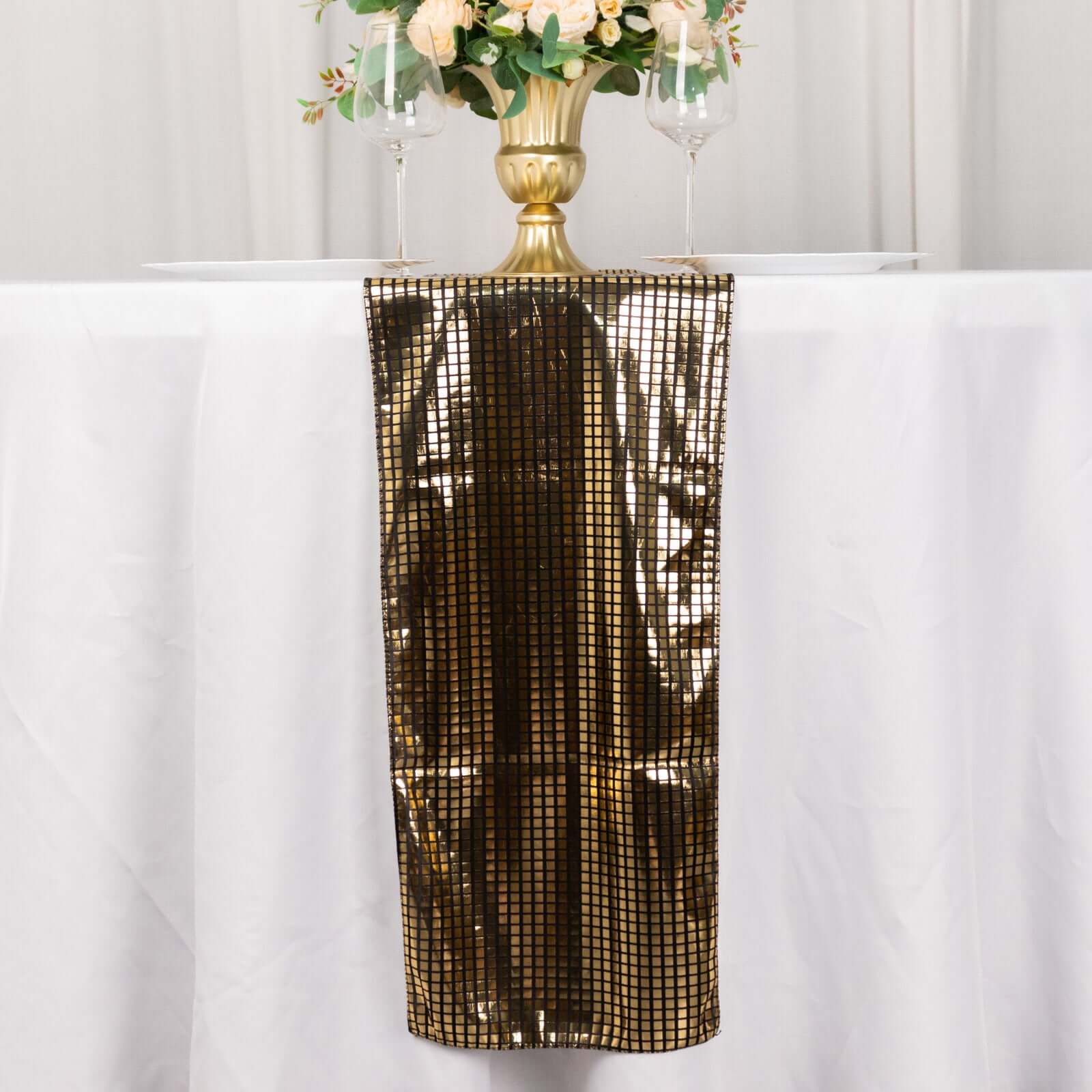 Mirror Foil Polyester 12"x108" Table Runner Black with Gold Metallic Square - Shiny Disco Theme Party Table Decor