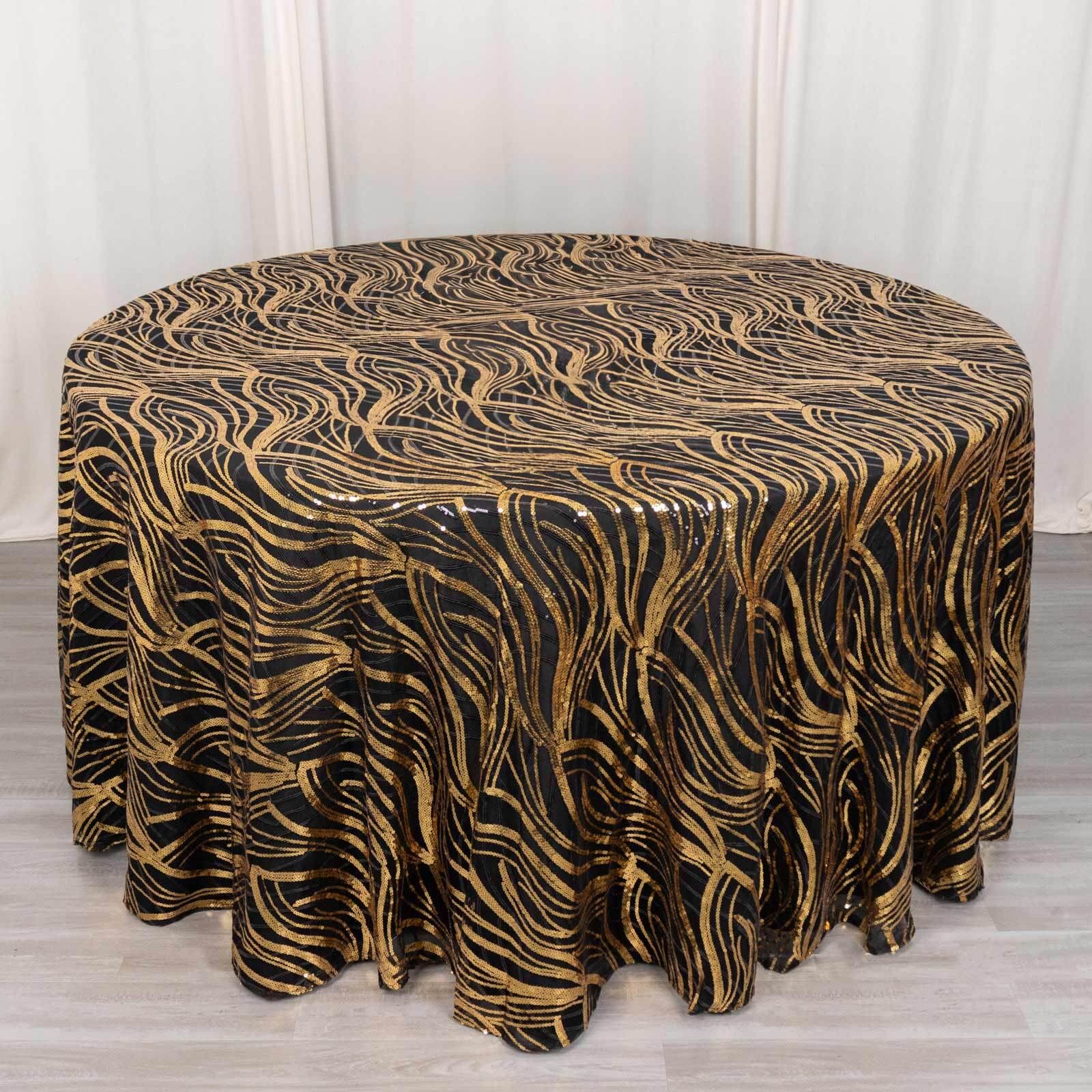 Sequin Mesh 120" Round Tablecloth Black/Gold - Seamless Wave Embroidered Table Cover