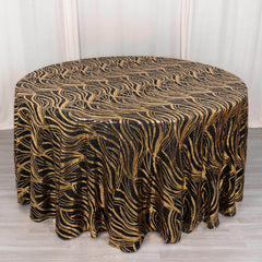 Sequin Mesh 120" Round Tablecloth Black/Gold - Seamless Wave Embroidered Table Cover