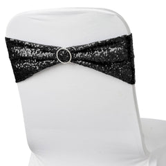 5 Pack Sequin Spandex Chair Sashes Black - Sparkly Stretch Chair Bands for Glamorous Events 6"x15"