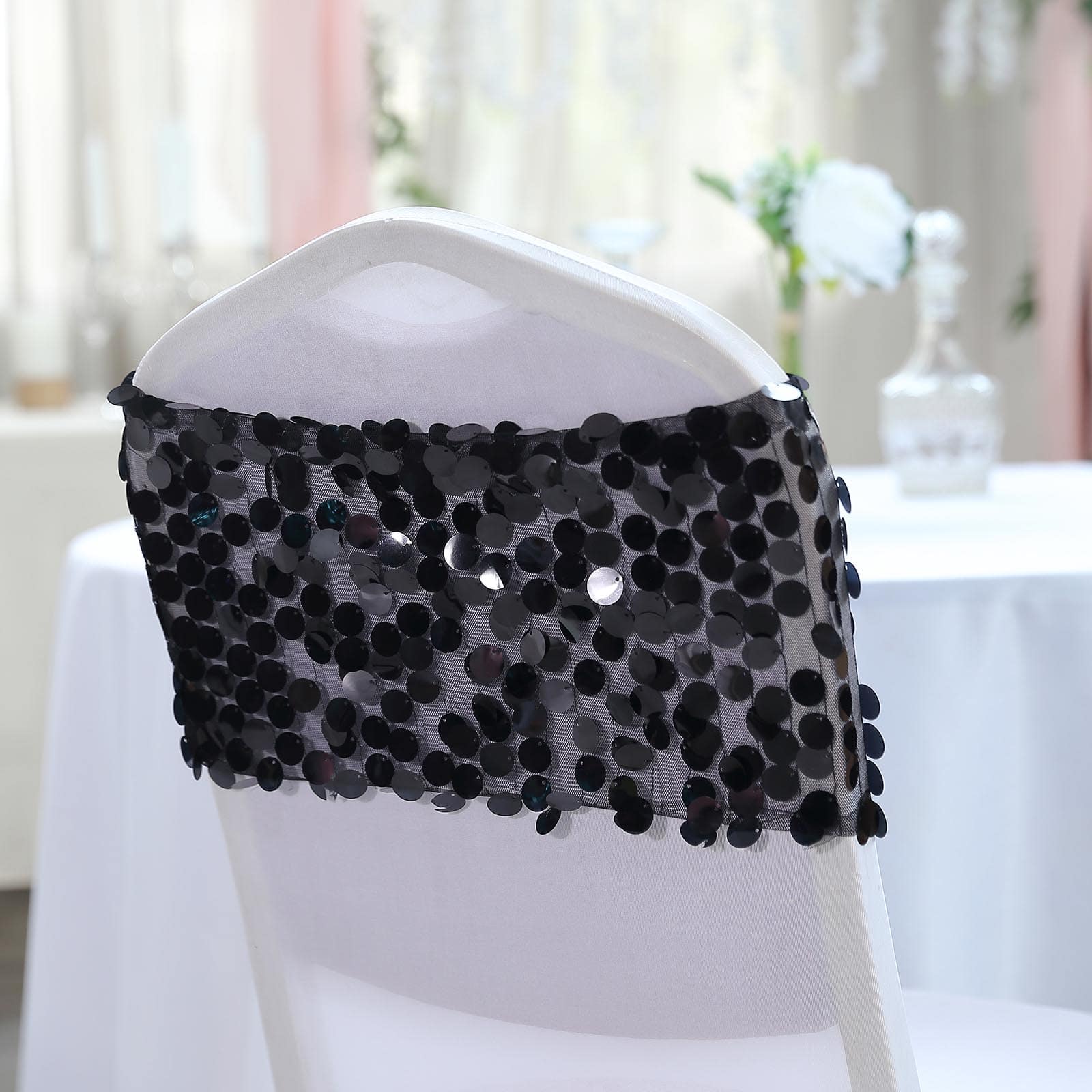 5 Pack Big Payette Sequin 13"x10" Chair Sash Bands Black - Stylish Glittering Decor for Weddings & Gatherings