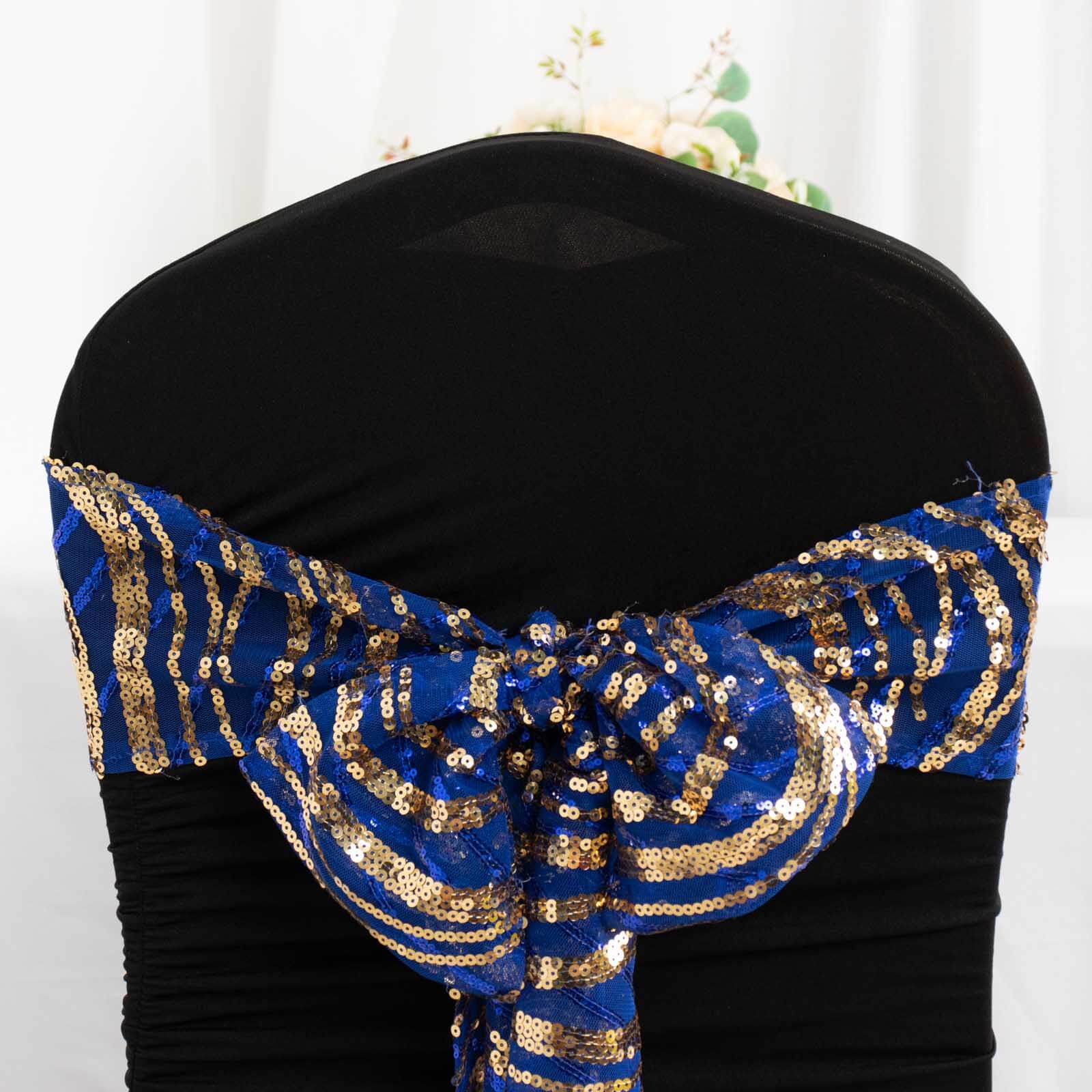 5 Pack Chair Sashes with Wave Embroidered Sequins Royal Blue/Gold 6"x88"