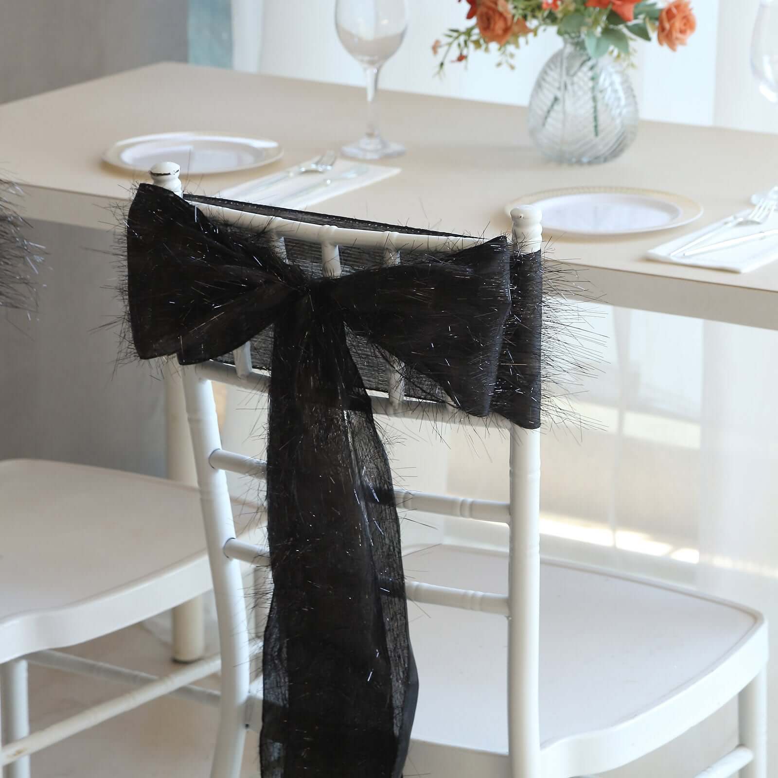 5 Pack Polyester Chair Sashes Black Metallic Tinsel Fringe - Easy to Use Chair Bows 6"x108"