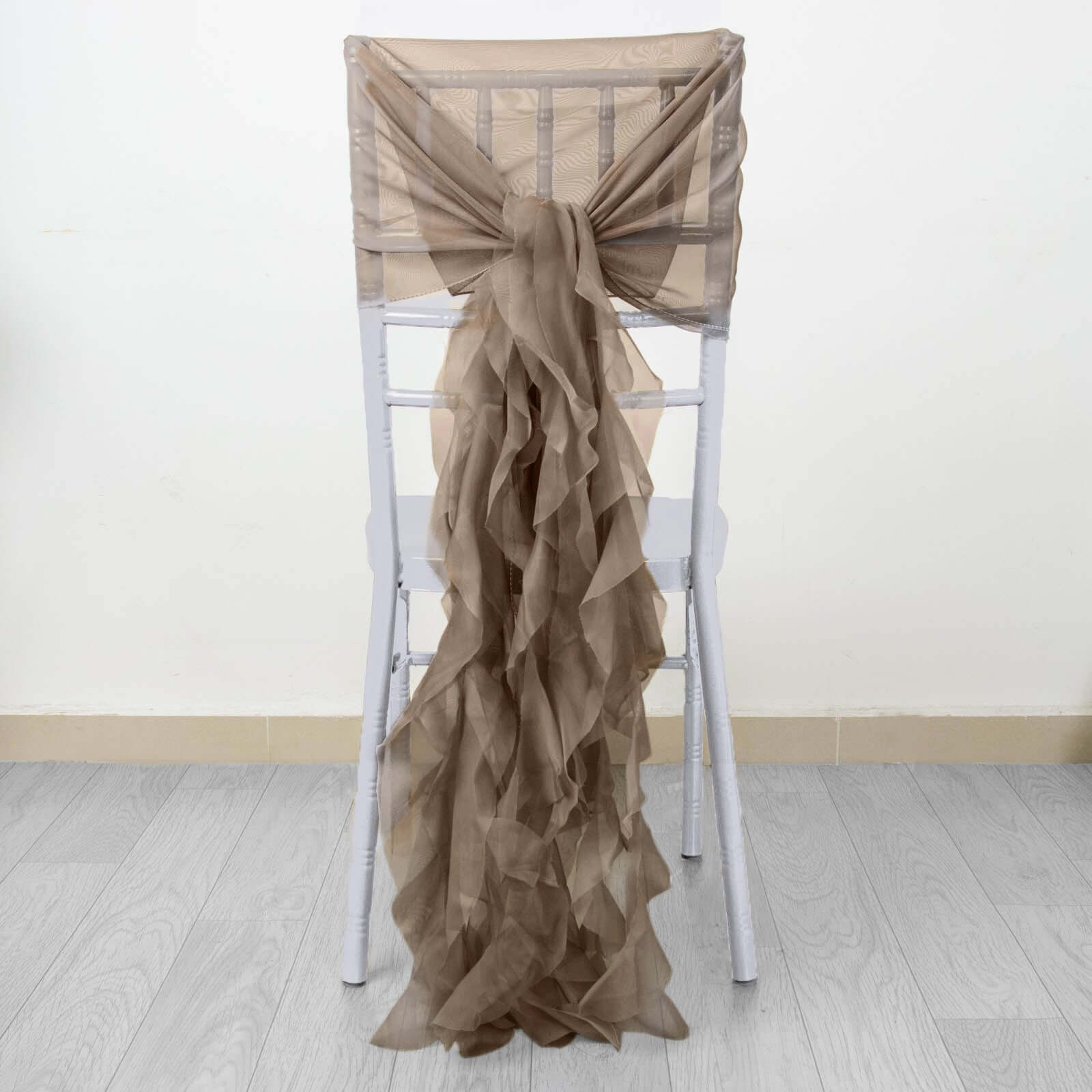 1 Set Chiffon Hoods Chair Sashes with Willow Ruffles Design Taupe - Stylish Chair Bow Decor