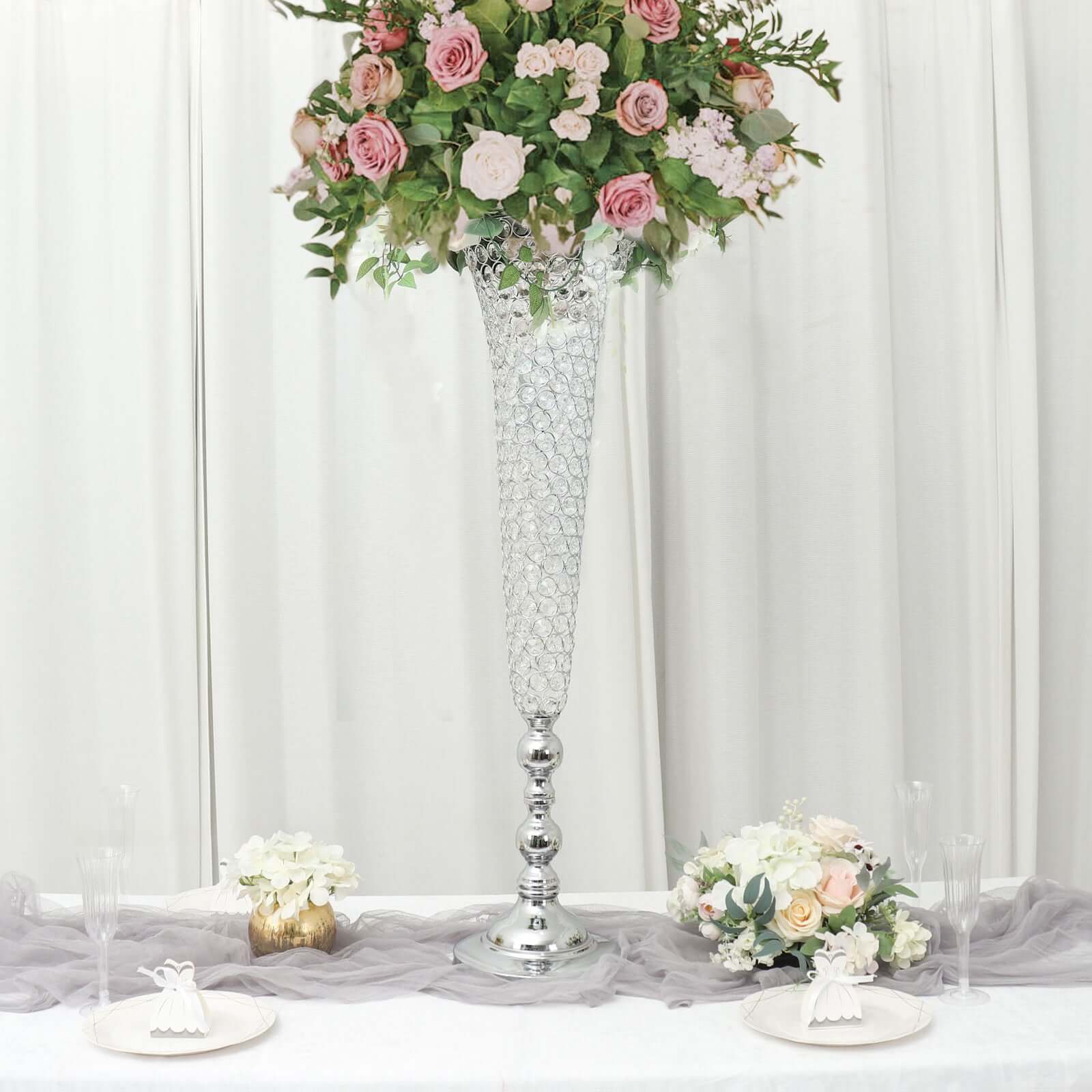 2-Pack Crystal Beaded Trumpet Vase Set Silver - Table Centerpiece for Grand Occasions 40"