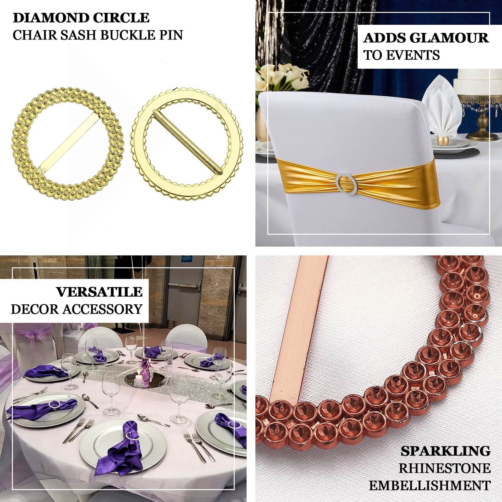 20 Pack Diamond Round Chair Sash Band Buckle Pins Silver - Timeless Rhinestone Napkin Rings 2.5"