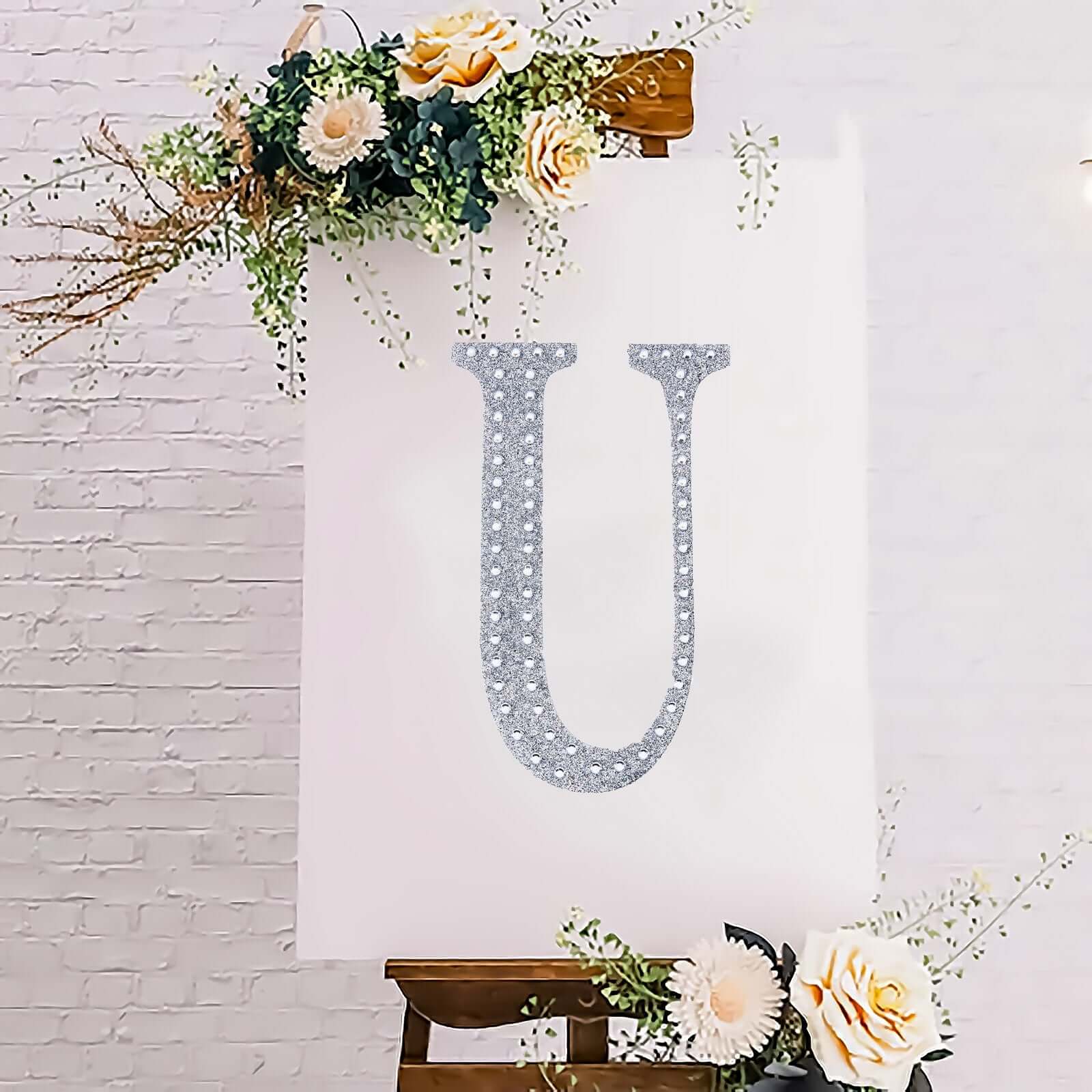 Decorative Rhinestone Alphabet "U" Letter Stickers, Glitter Adhesive Craft Letters Silver DIY Sparkle Embellishments 8"