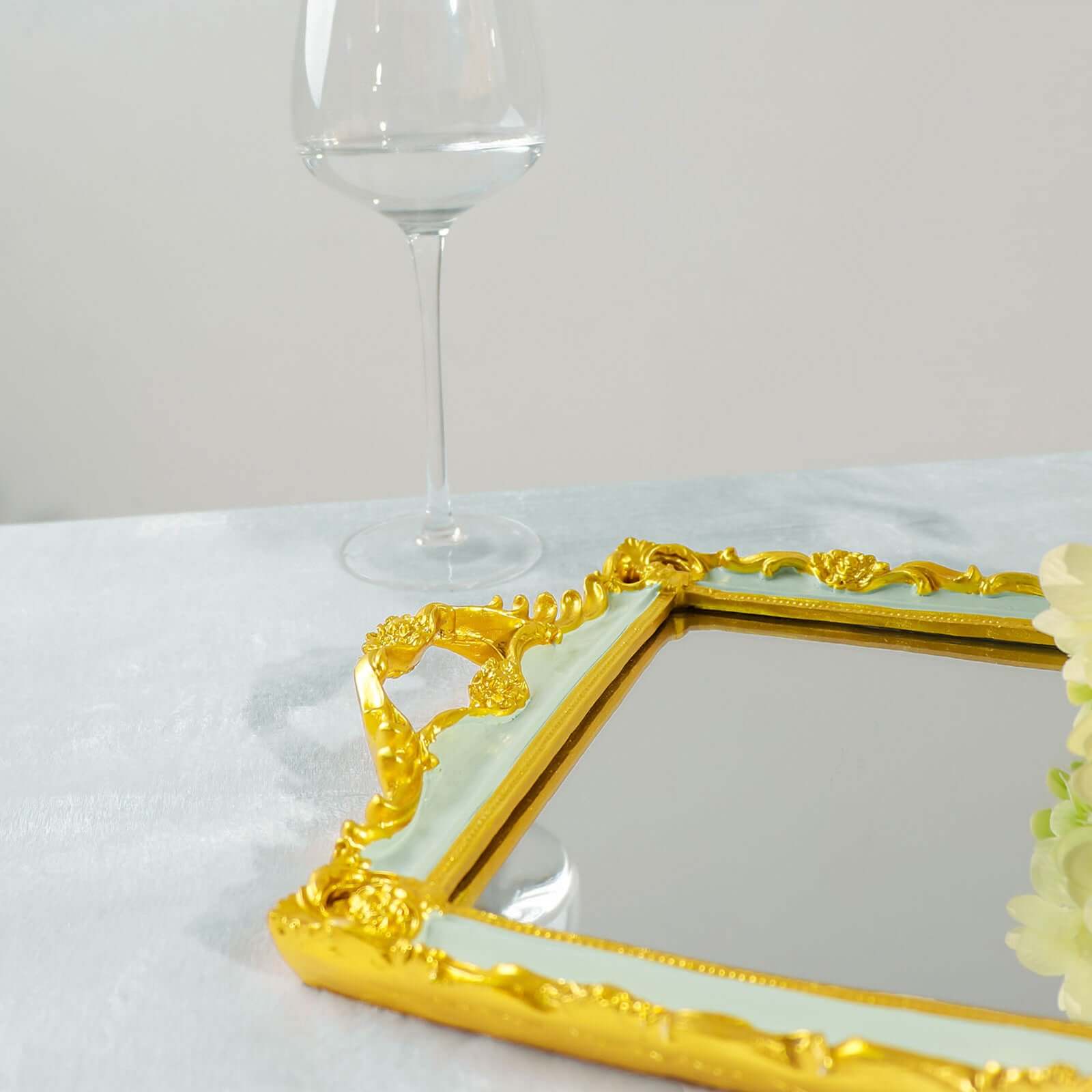Resin Mirrored Rectangle Serving Tray 15"x10" in Mint Green with Gold Baroque Design, Stylish Decorative Vanity Tray Centerpiece