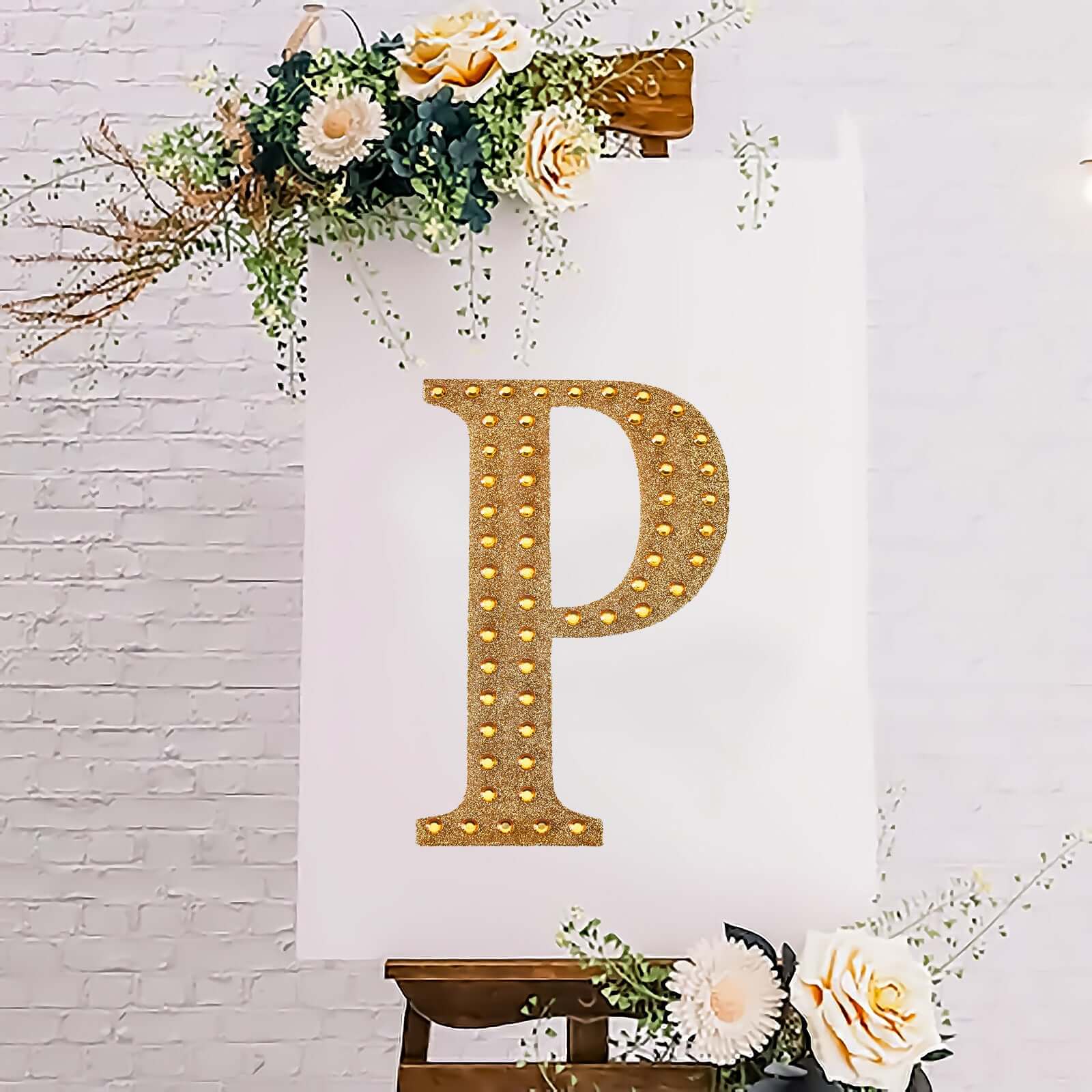 Decorative Rhinestone Alphabet "P" Letter Stickers, Glitter Adhesive Craft Letters Gold DIY Sparkle Embellishments 8"
