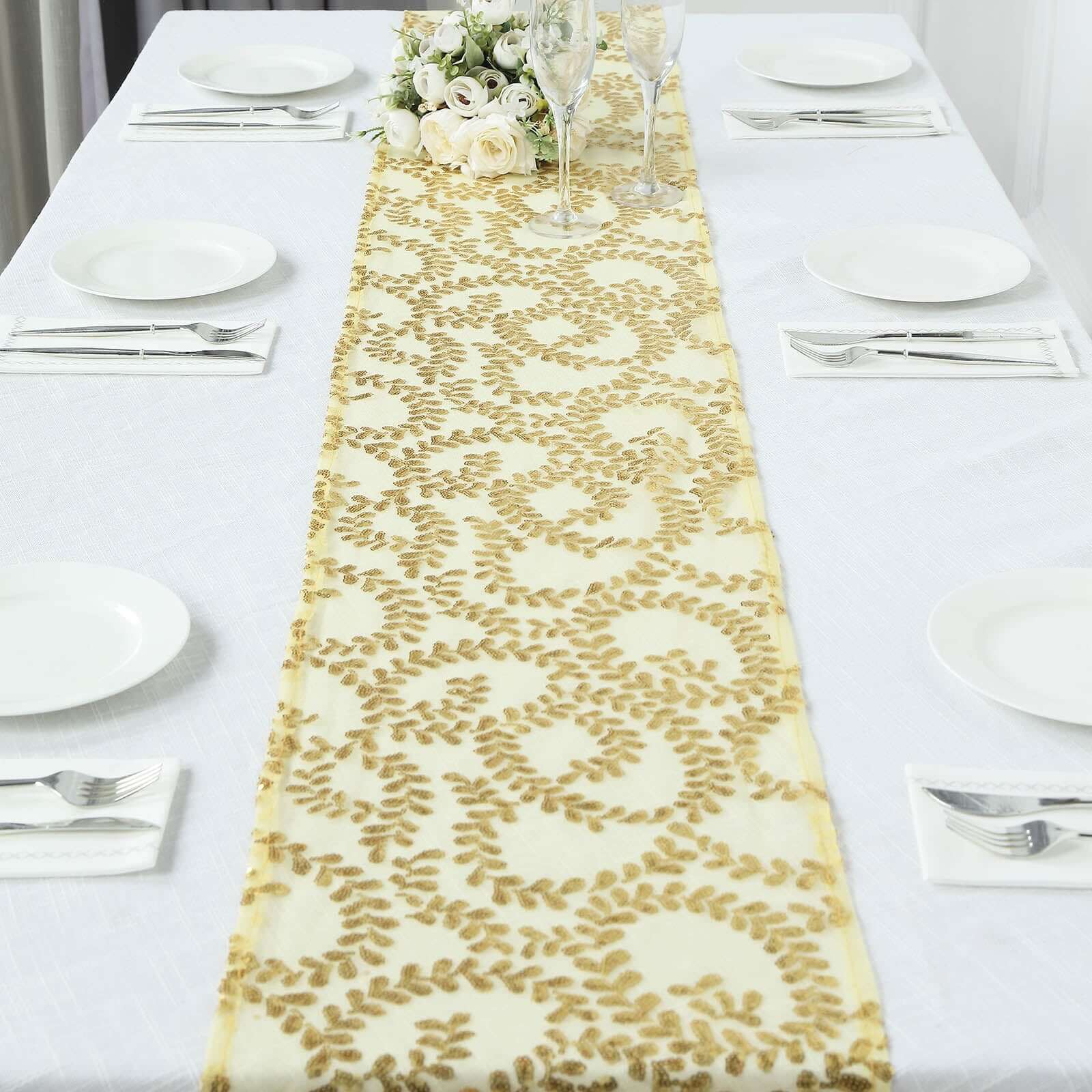 Mesh 12"x108" Table Runner Gold - Leaf Vine Sequin Embroidered Design for Sophisticated Occasion