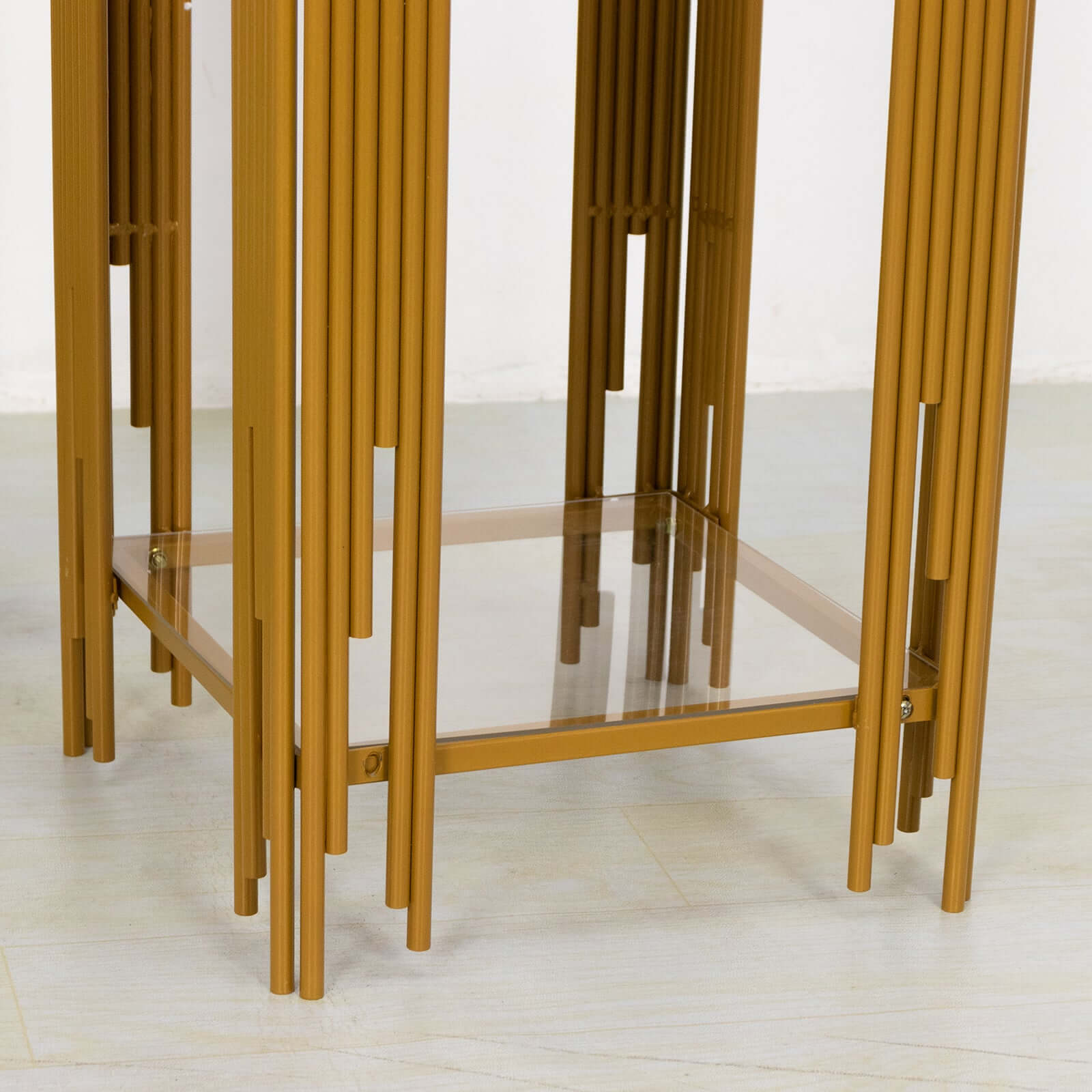 Set of 3 Wedding Pedestal Stands Square Acrylic Plate Design Gold - Metal Flower Display Plinths 26",30",34"