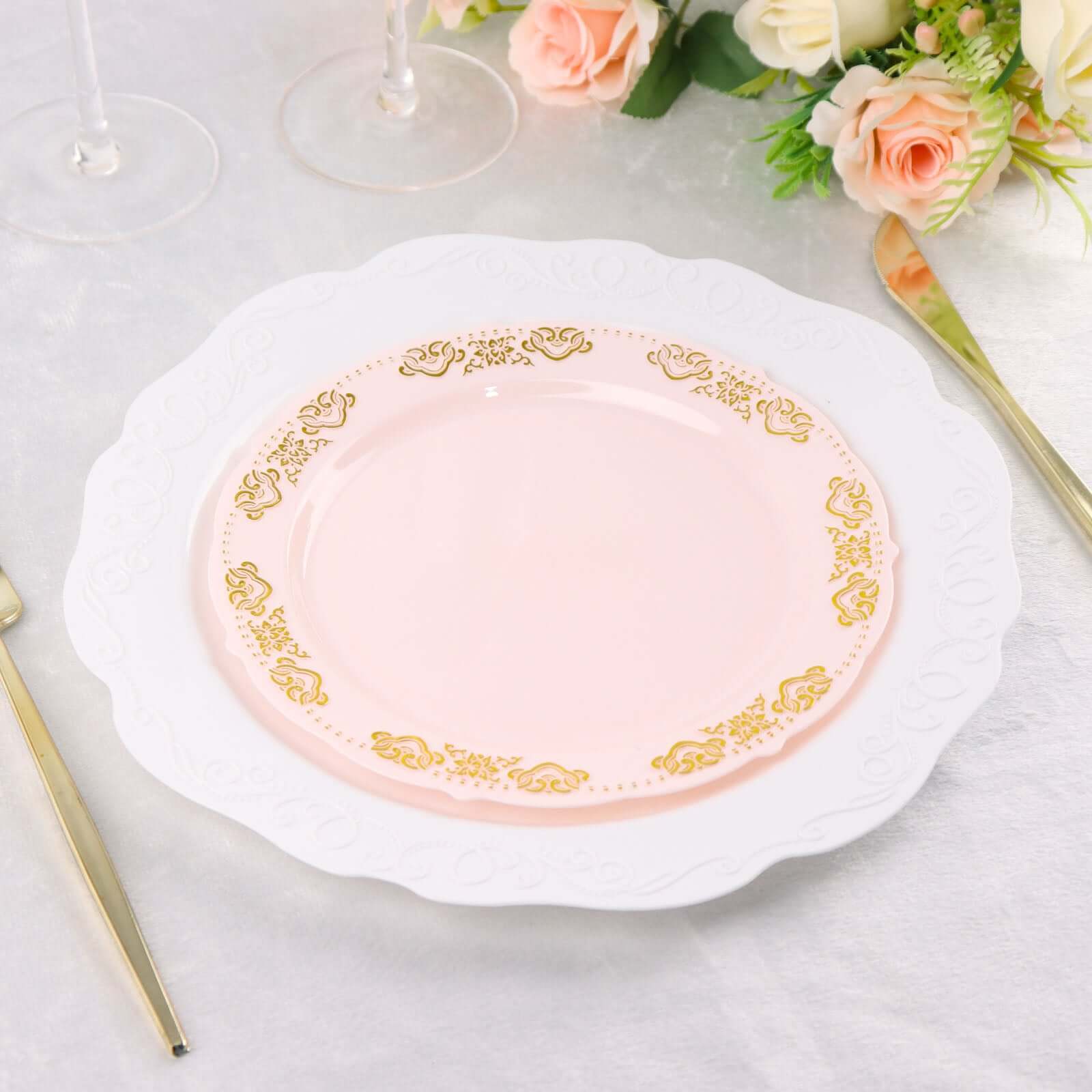 10-Pack Plastic 7.5" Round Appetizer Plates in Blush with Gold Embossed Scalloped Edge - Chic Disposable Salad Plates for Special Occasions & Banquets