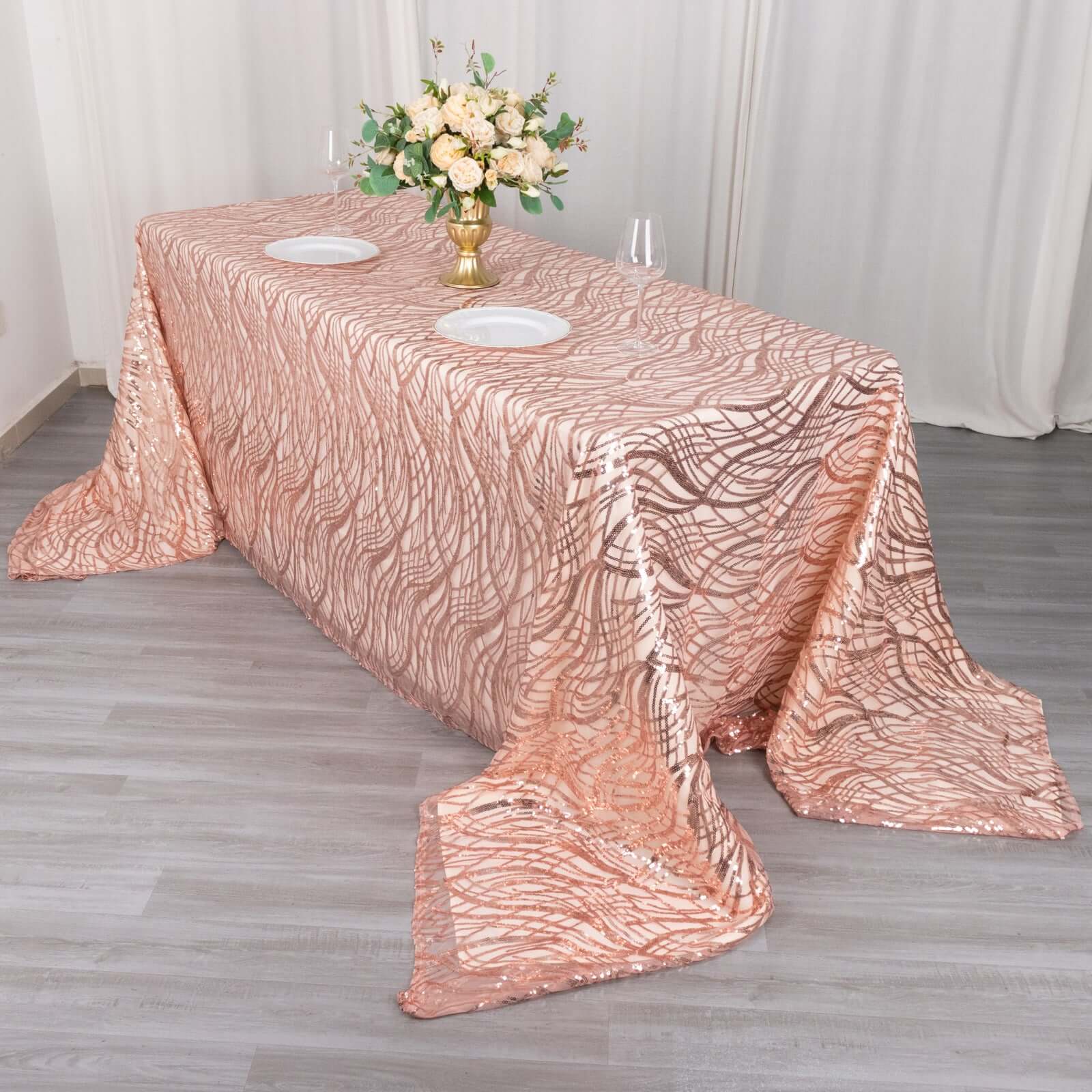 Mesh 90"x156" Rectangle Tablecloth Rose Gold - Wave Sequin Embroidered Table Cover