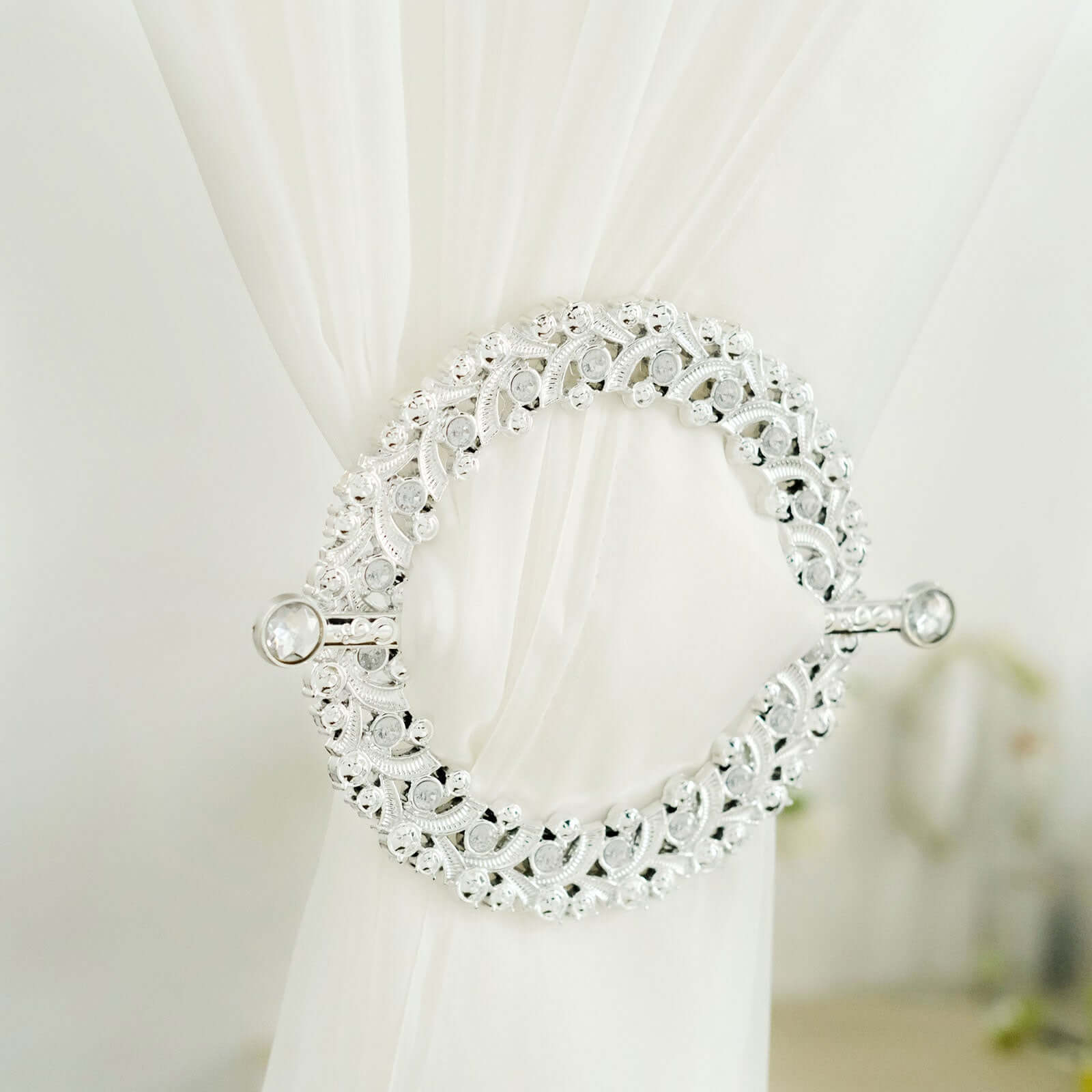 2 Pack 7" Silver Barrette Style Acrylic Crystal Curtain Tie Backs, Round Backdrop Drapery Brooch Holdbacks
