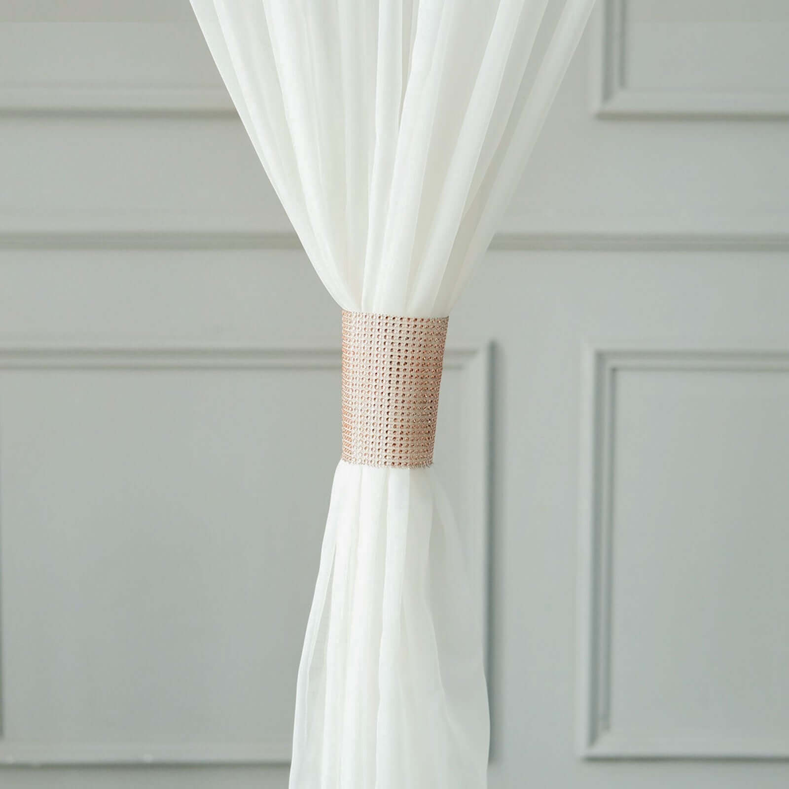 4 Pack Rose Gold Rhinestone Mesh Velcro Backdrop Curtain Bands, Large Chair Sash Clip Tie Backs - 5"X10"