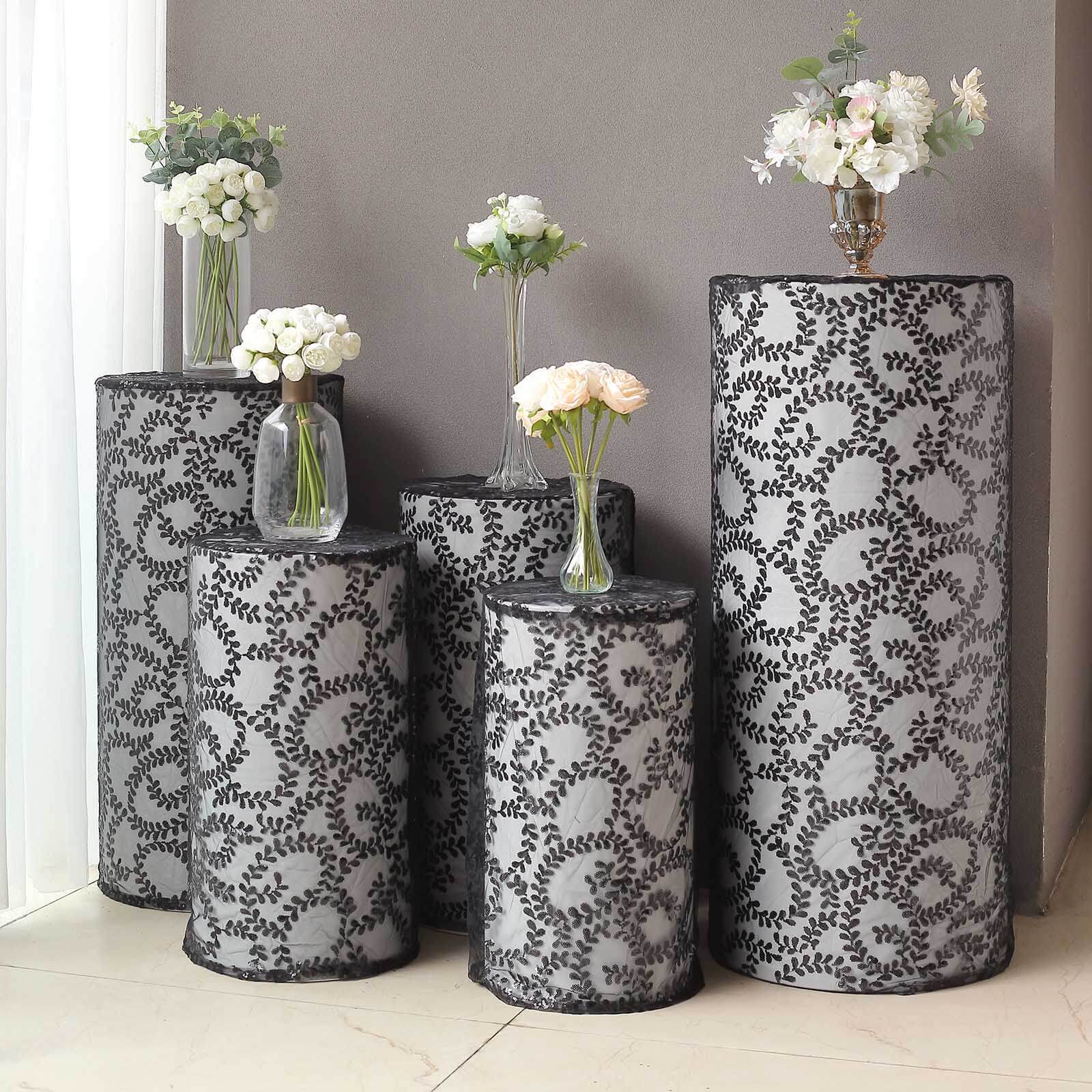 Set of 5 Black Sequin Mesh Cylinder Pedestal Stand Covers with Leaf Vine Embroidery, Sparkly Sheer Tulle Pillar Prop Covers