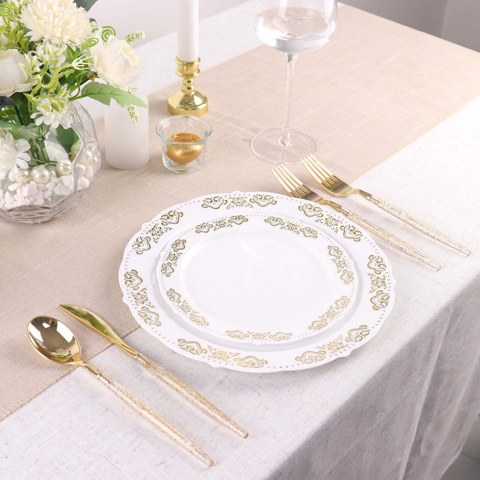 24-Pack Plastic Cutlery Set Metallic Gold with Gold Glitter - Stylish Disposable Silverware Pack 8"