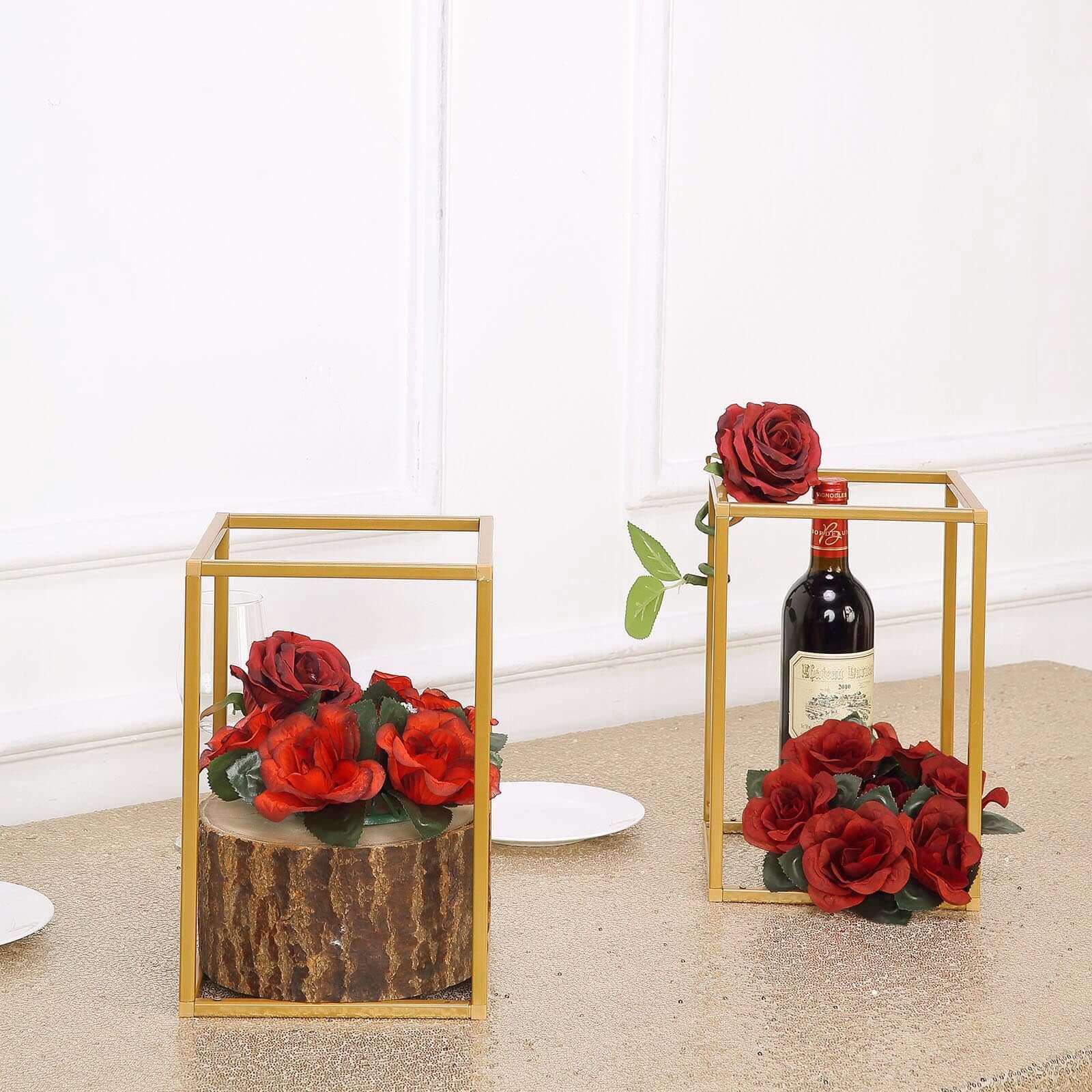 2-Pack Wedding Flower Stand Gold Metal Geometric Column Frame Rectangular - Versatile Floral Pedestal for Sophisticated Arrangements 12"