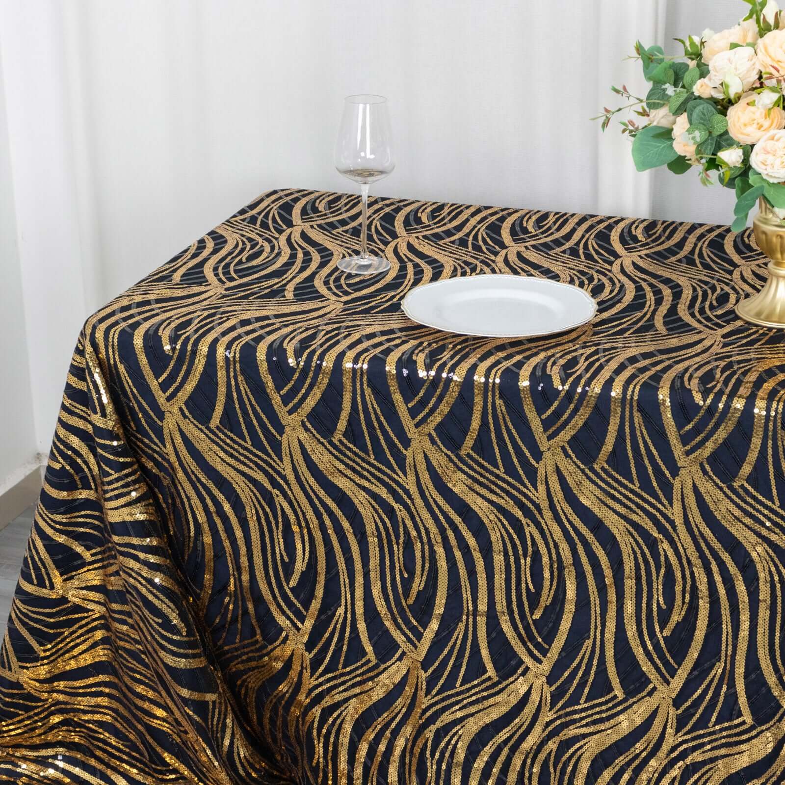 Mesh 90"x156" Rectangle Tablecloth Black/Gold - Wave Sequin Embroidered Table Cover
