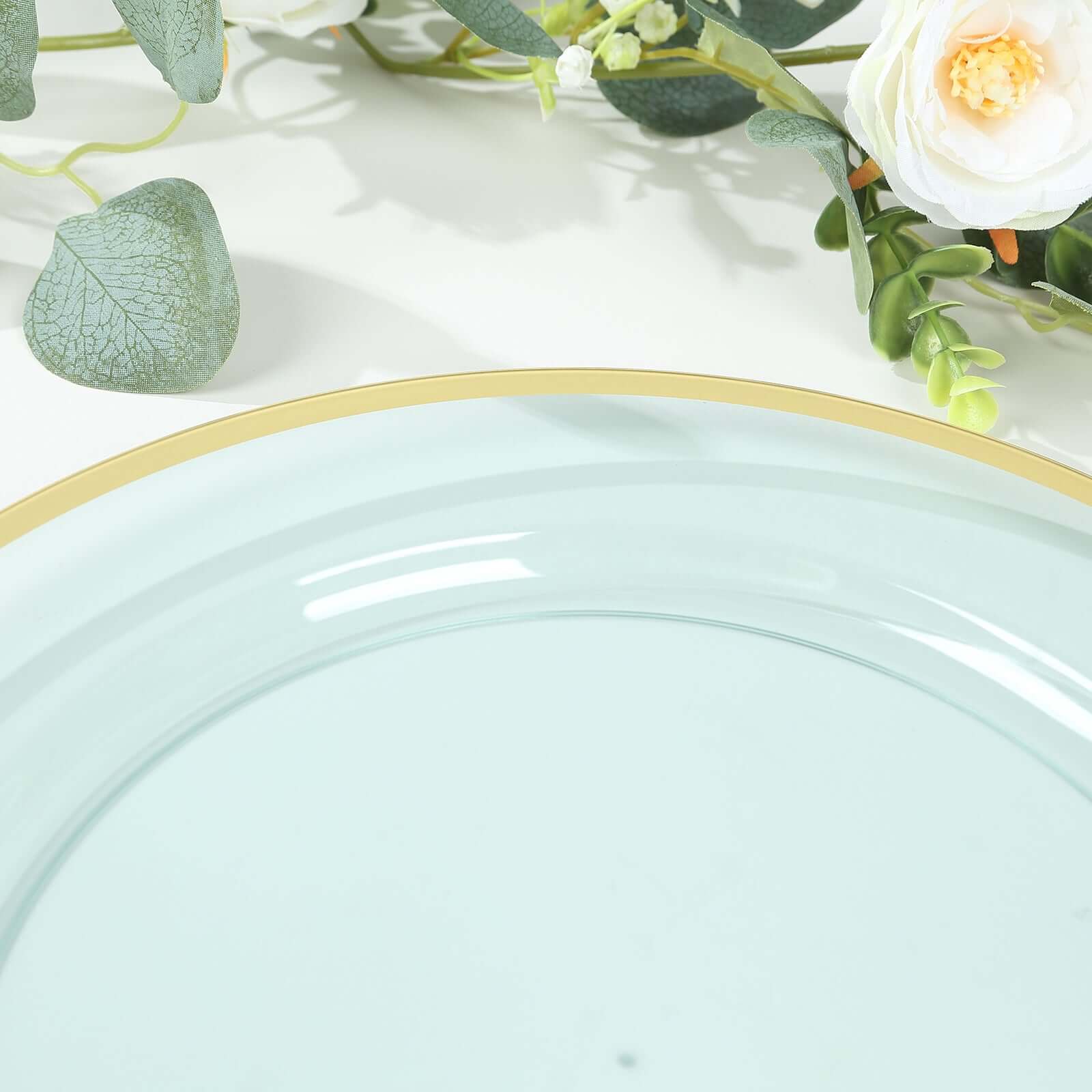 10-Pack Economy Plastic Round Charger Plates 12" in Transparent Blue with Wide Gold Rim, Decorative Dinner Party Serving Plates