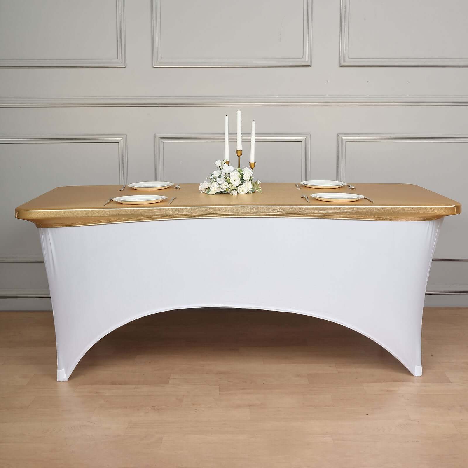 Stretch Spandex 72"x30" Rectangle Table Top Cover Metallic Gold - Easy to Install Glamorous Fitted Table Topper Cap for Luxe Events