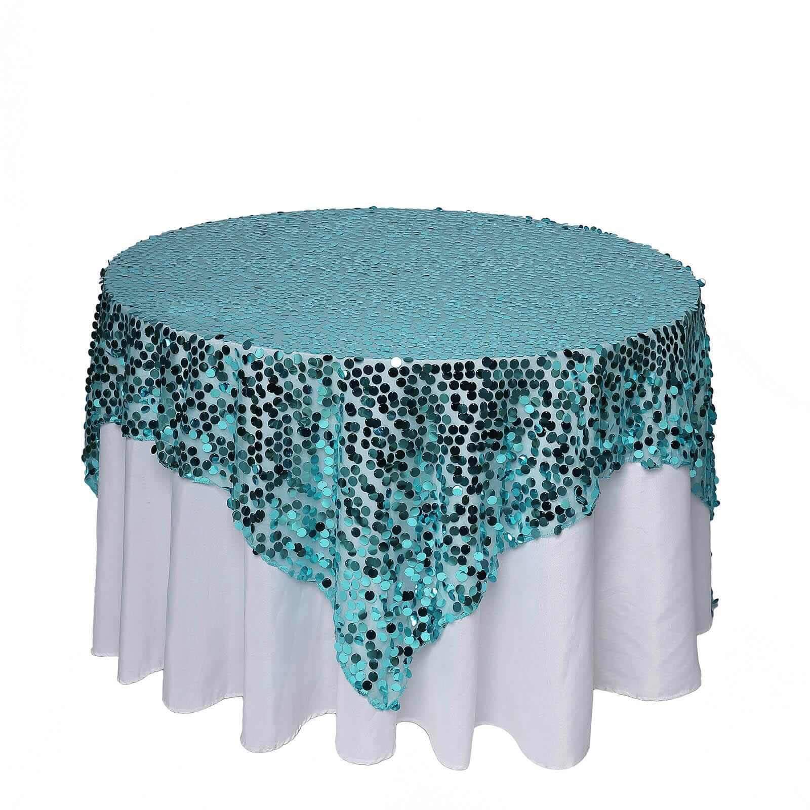 Sequin 72"x72" Table Overlay Square Tablecloth Turquoise - Big Payette Table Cover