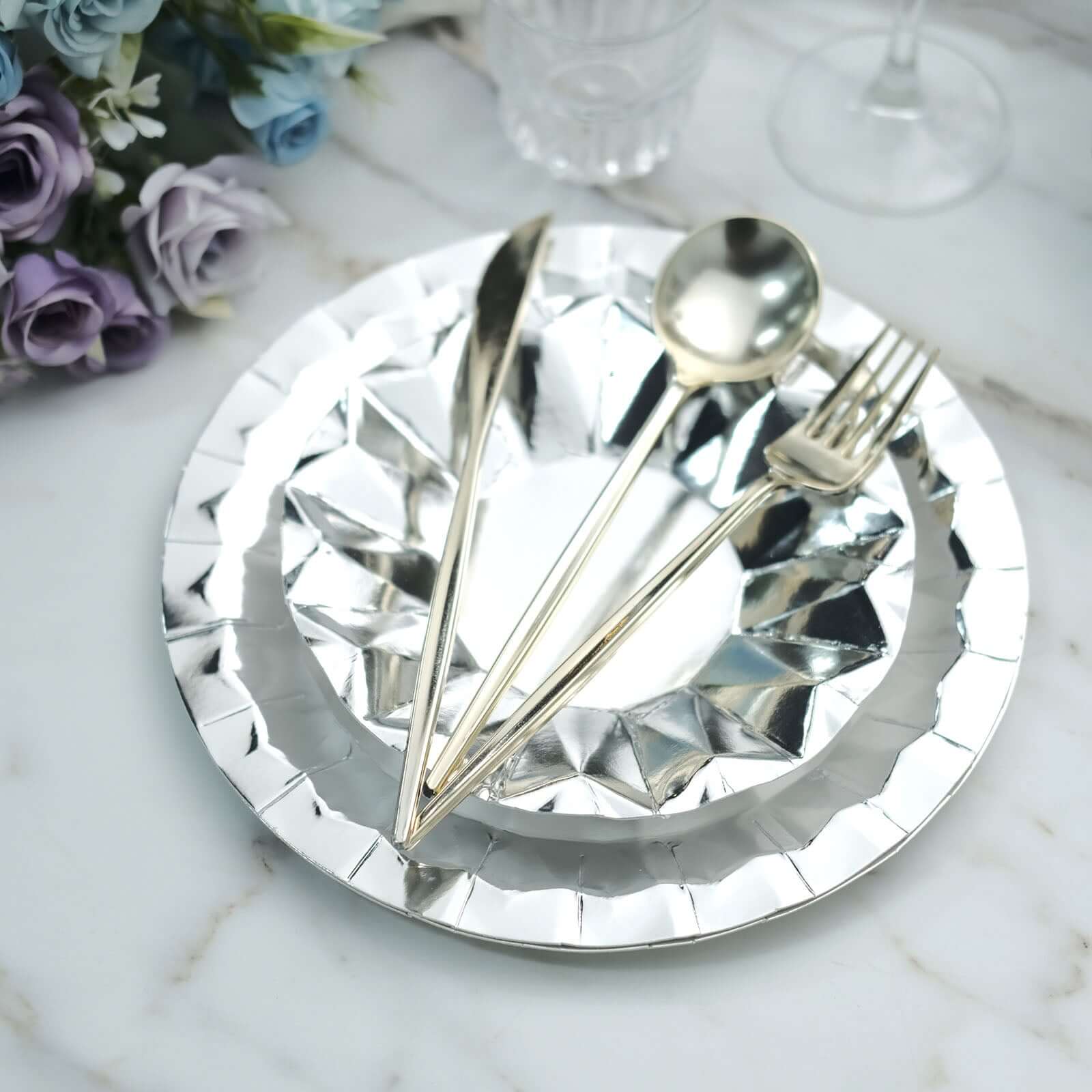 25-Pack Paper 7" Round Dessert Plates in Metallic Silver with Geometric Prism Rim - Disposable 400GSM Appetizer Salad Plates