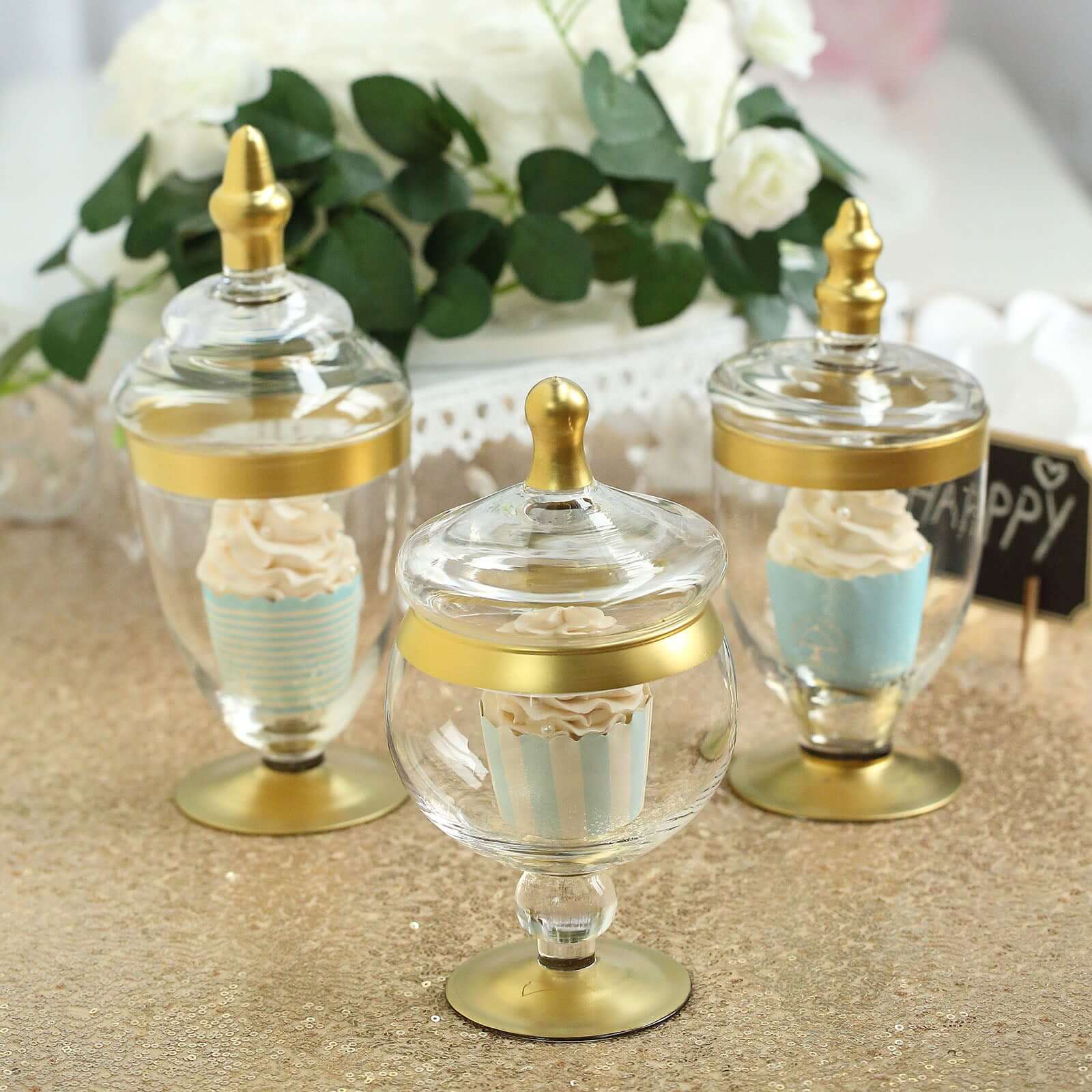 Set of 3 Glass Jars Apothecary Design Clear with Gold Trim and Snap-On Lids - Stylish Decorative Candy Buffet Storage 8.5", 9", 10"