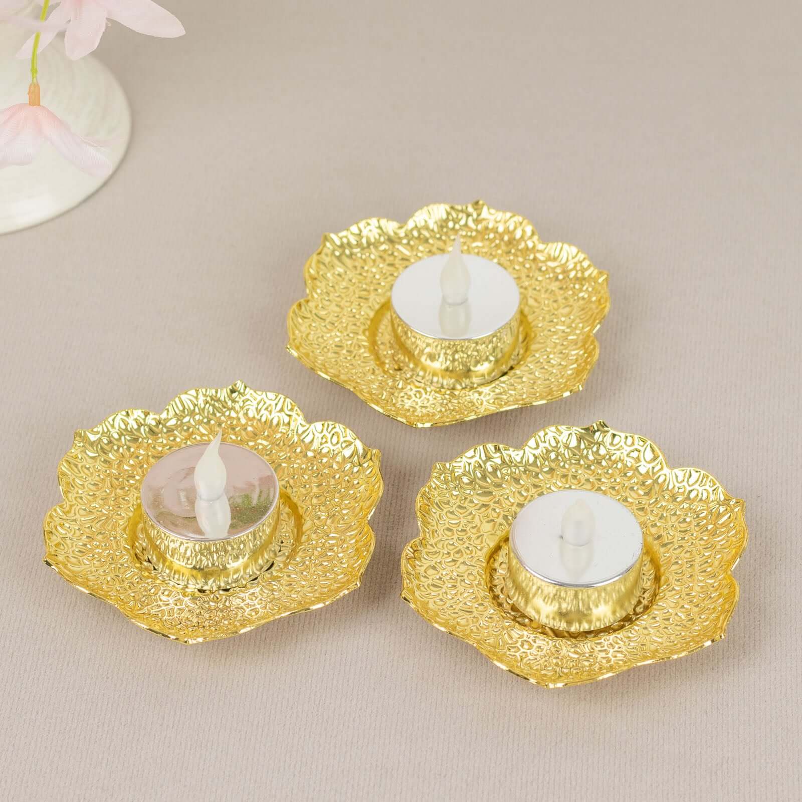 3-Pack Metal Votive Candle Holders Plum Blossom Design Shiny Gold - Vintage Mini Tea Cup Saucers 4"