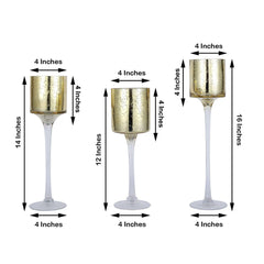 Set of 3 Glass Cylinder Vases Long Stem Gold - Decorative Candle Holder Floral Centerpieces 12", 14", 16"