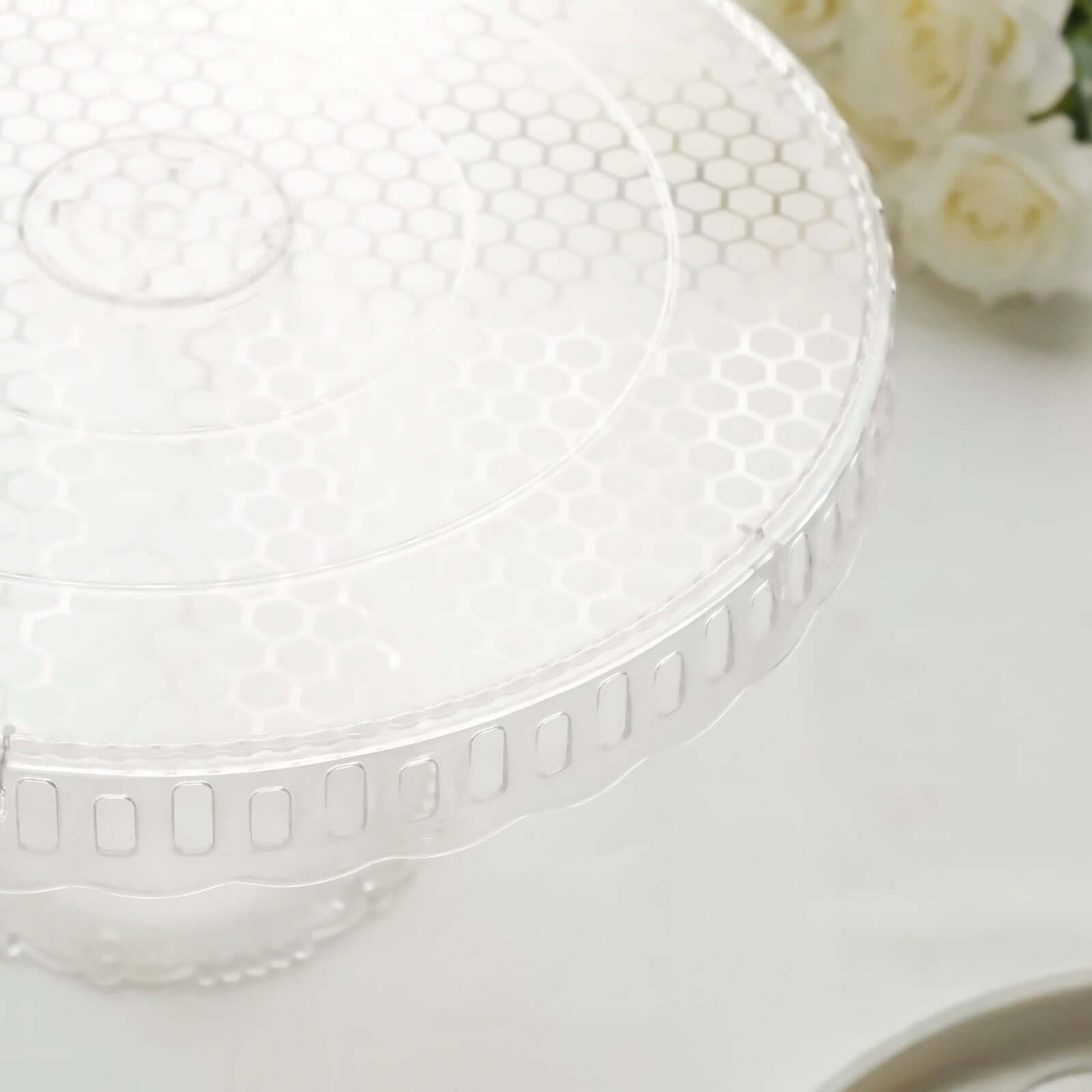 4-Pack Plastic Round Pedestal Cake Stands Clear - Reusable Cupcake Pastry Display Risers with Hollow Ribbon Trim Edges for Stylish Dessert Presentation 13"