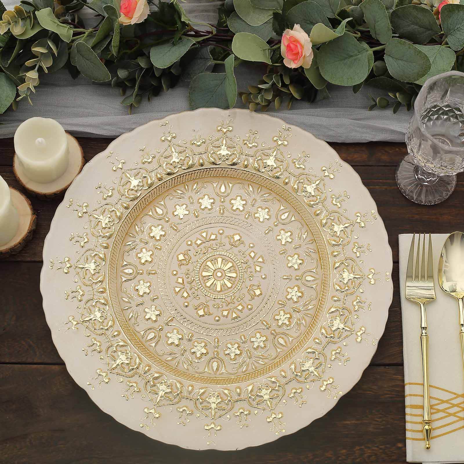 8-Pack Glass Round Charger Plates 13" in Gold with Monaco Style Ornate Design, Classy Decorative Dinner Chargers