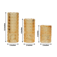 Set of 3 Glass Taper Candle Holders Amber Gold with Gemstone Pattern - Dual Sided Crystal Cylinder Tealight Stands 3", 4", 5.5"