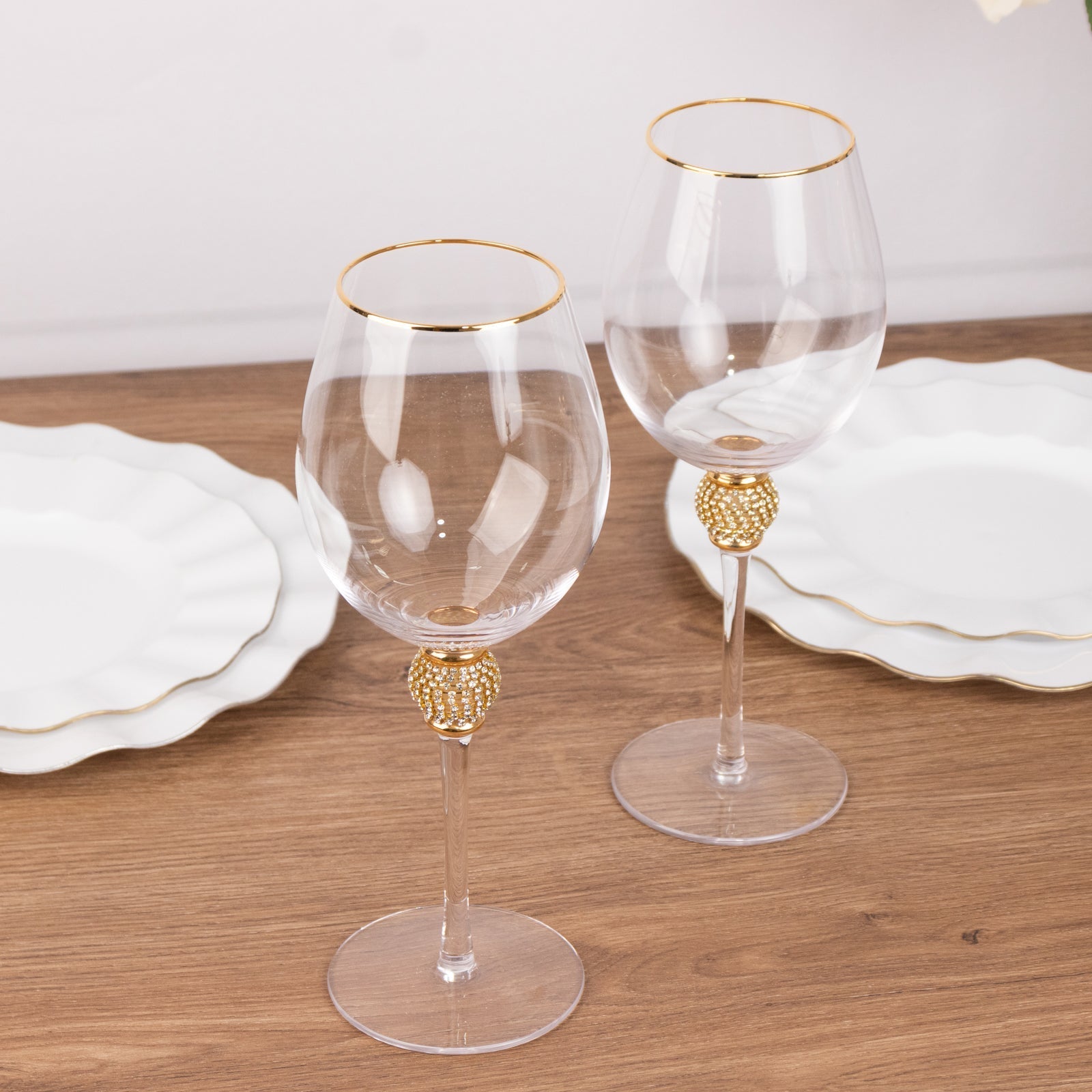 Set of 6 Wine Goblet Glasses Clear Gold Rimmed Design with Rhinestone Studded Stem - Handblown Vintage Crystal Glasses for Cocktails 16oz 10"