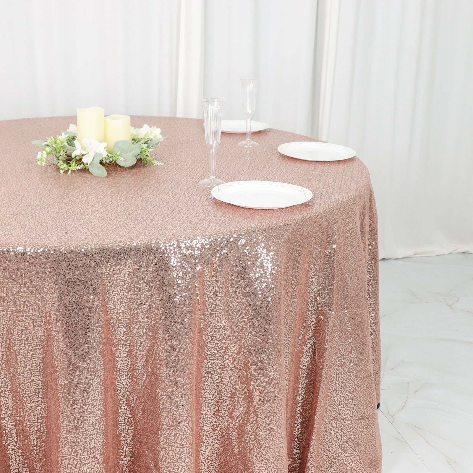 Sequin 120" Round Tablecloth Rose Gold - Seamless Glittering Table Cover