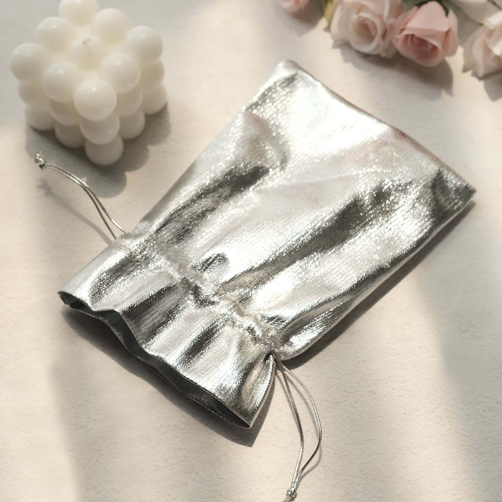 10 Pack Metallic Silver Lame Polyester 5"x7" Party Favor Gift Bags, Shiny Fabric Drawstring Candy Pouch