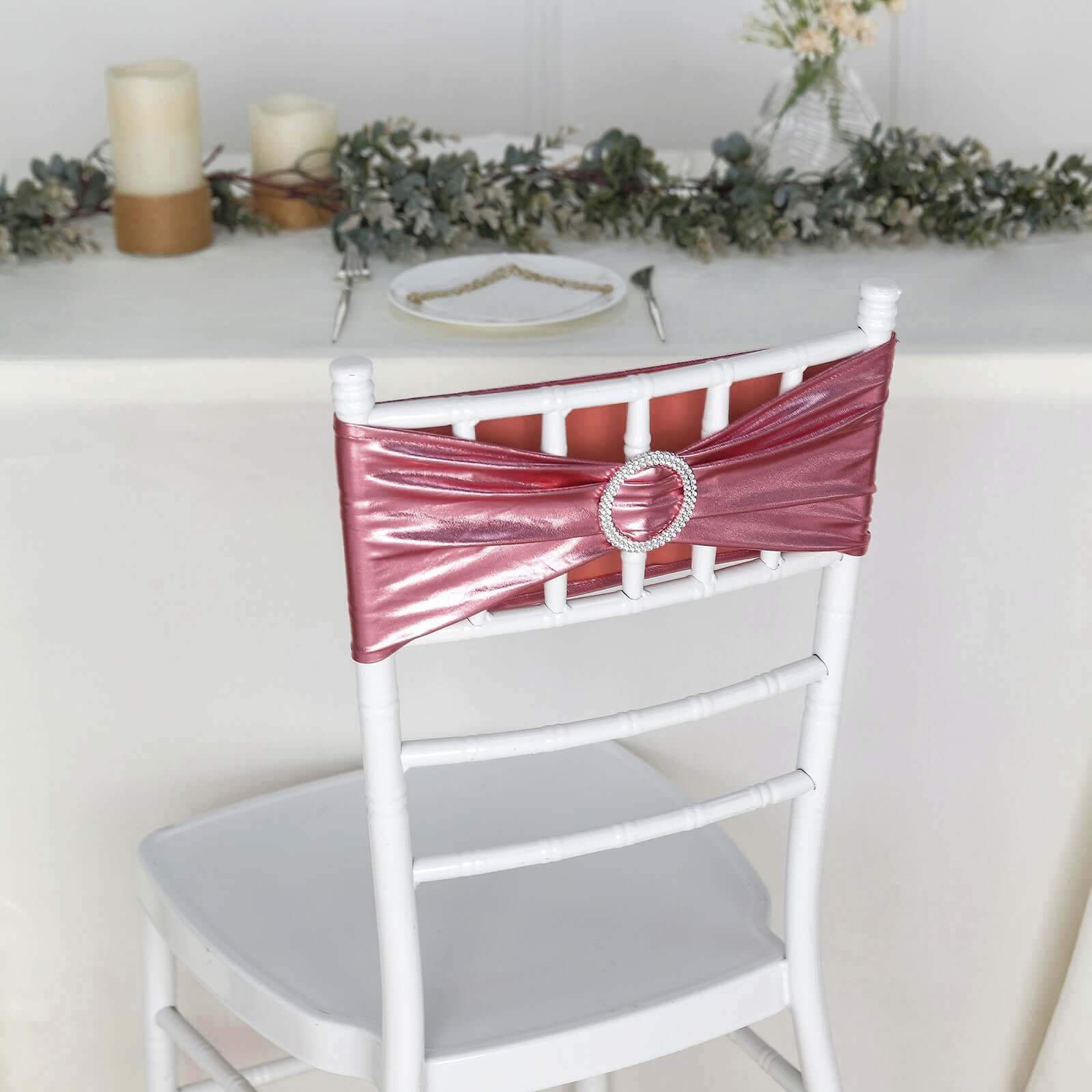 5 Pack Metallic Spandex Chair Sashes Rose Gold - Stretch Fit Chair Bands With Round Diamond Buckles