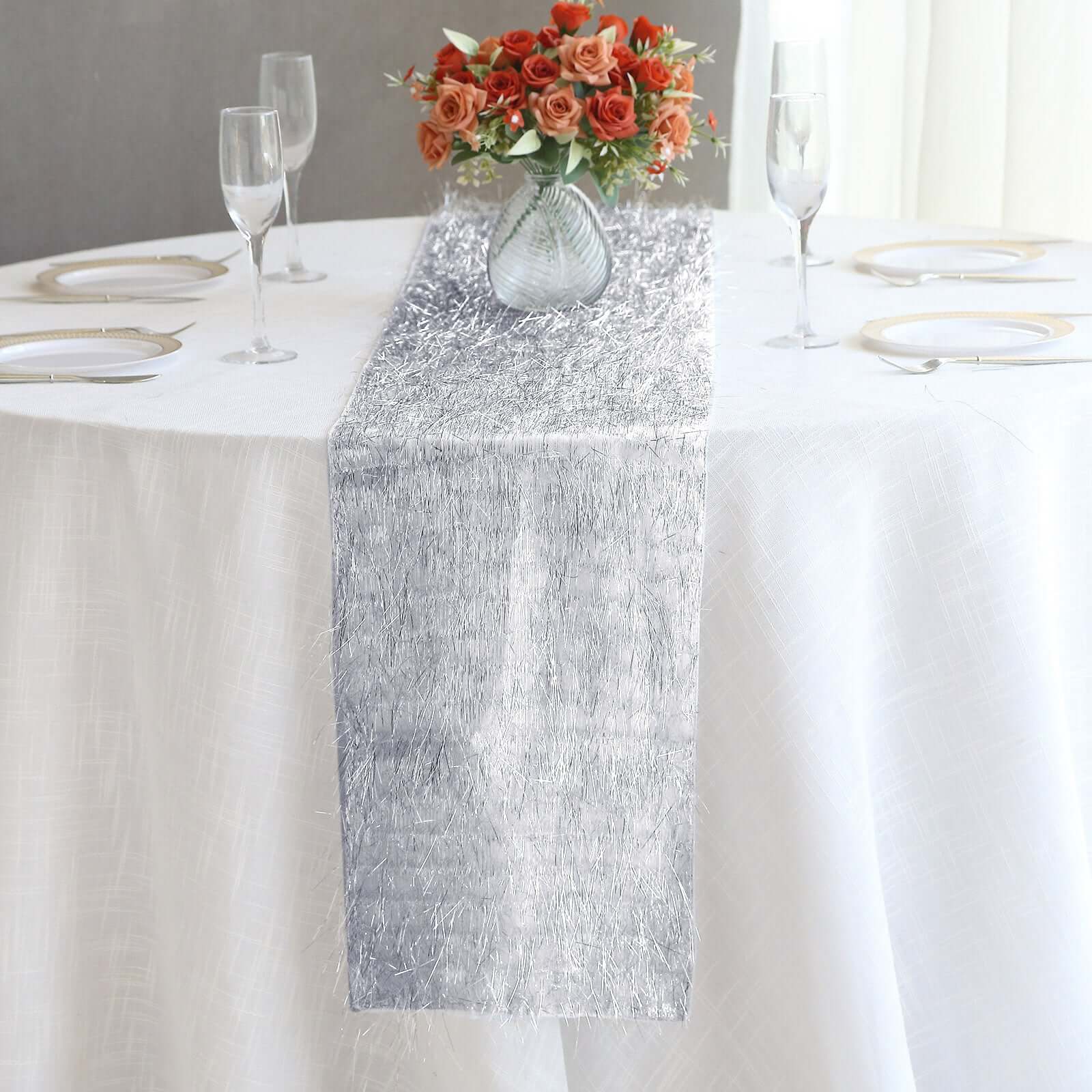 Metallic Tinsel Polyester 12"x108" Table Runner Silver - Shimmery Fringe Shag Table Decor