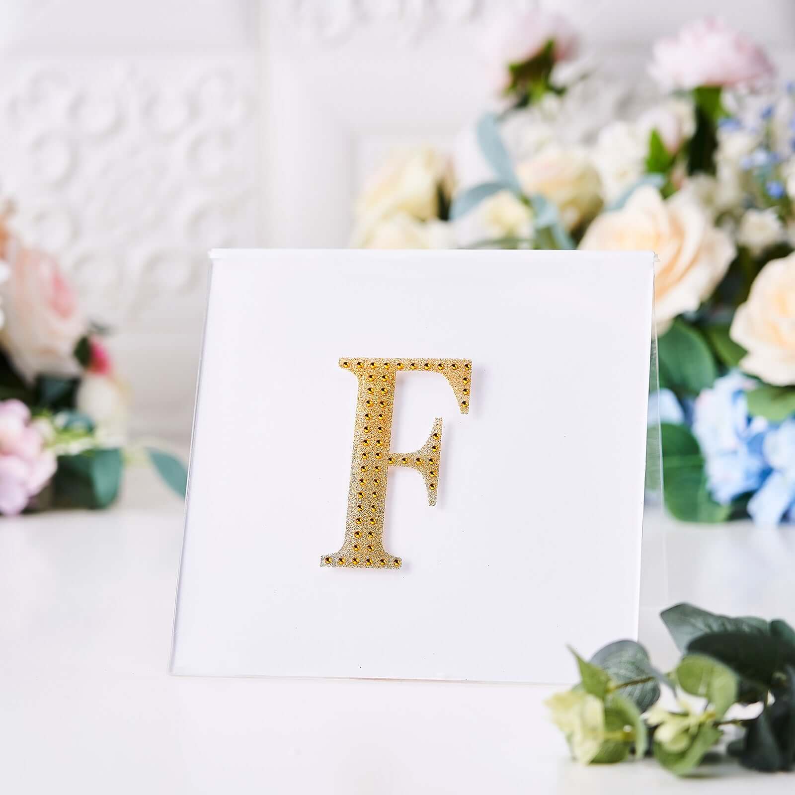 Decorative Rhinestone Alphabet "F" Letter Stickers, Glitter Adhesive Craft Letters Gold DIY Sparkle Embellishments 4"