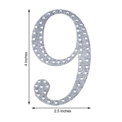 Decorative Rhinestone Number "9" Stickers, Glitter Adhesive Craft Numbers Silver DIY Sparkle Embellishments 4"