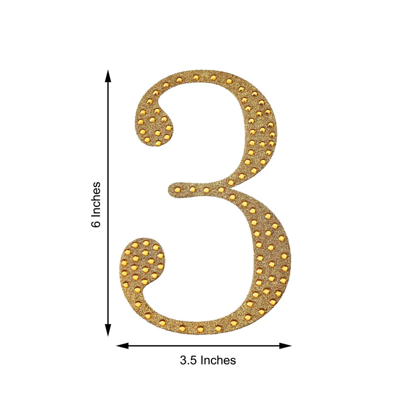 Decorative Rhinestone Number "3" Stickers, Glitter Adhesive Craft Numbers Gold DIY Sparkle Embellishments 6"