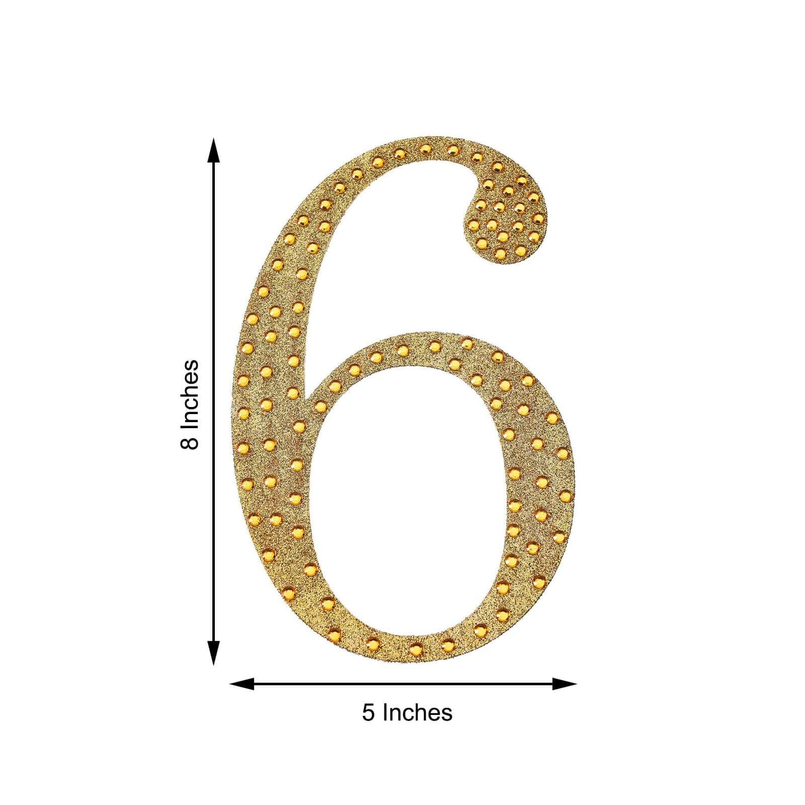 Decorative Rhinestone Number "6" Stickers, Glitter Adhesive Craft Numbers Gold DIY Sparkle Embellishments 8"