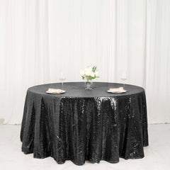 Sequin 120" Round Tablecloth Black - Seamless Glittering Table Cover