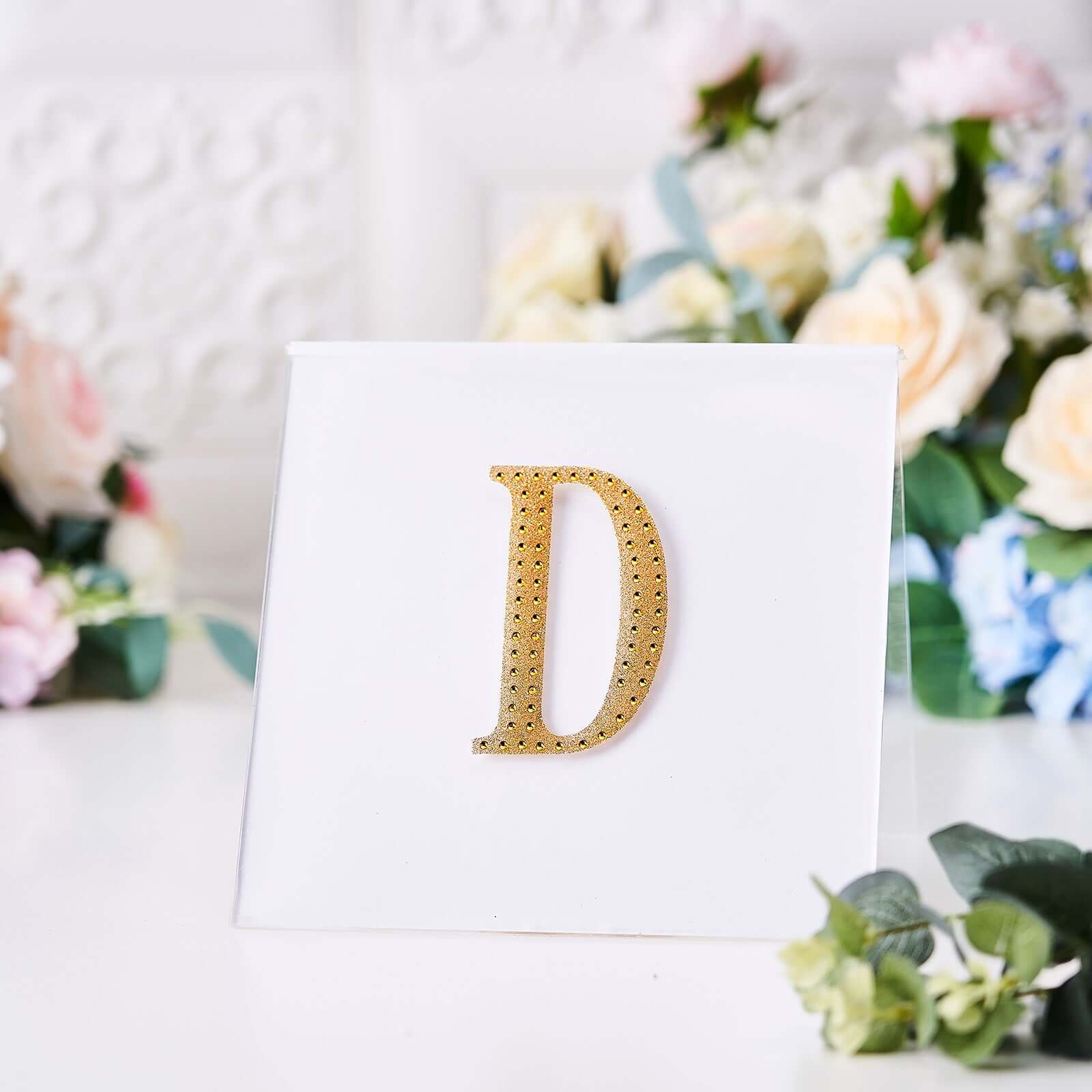 Decorative Rhinestone Alphabet "D" Letter Stickers, Glitter Adhesive Craft Letters Gold DIY Sparkle Embellishments 4"