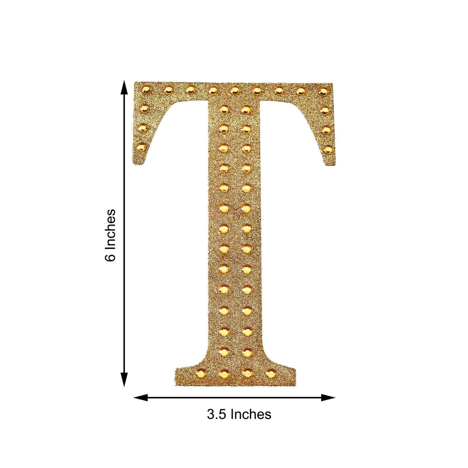 Decorative Rhinestone Alphabet "T" Letter Stickers, Glitter Adhesive Craft Letters Gold DIY Sparkle Embellishments 6"
