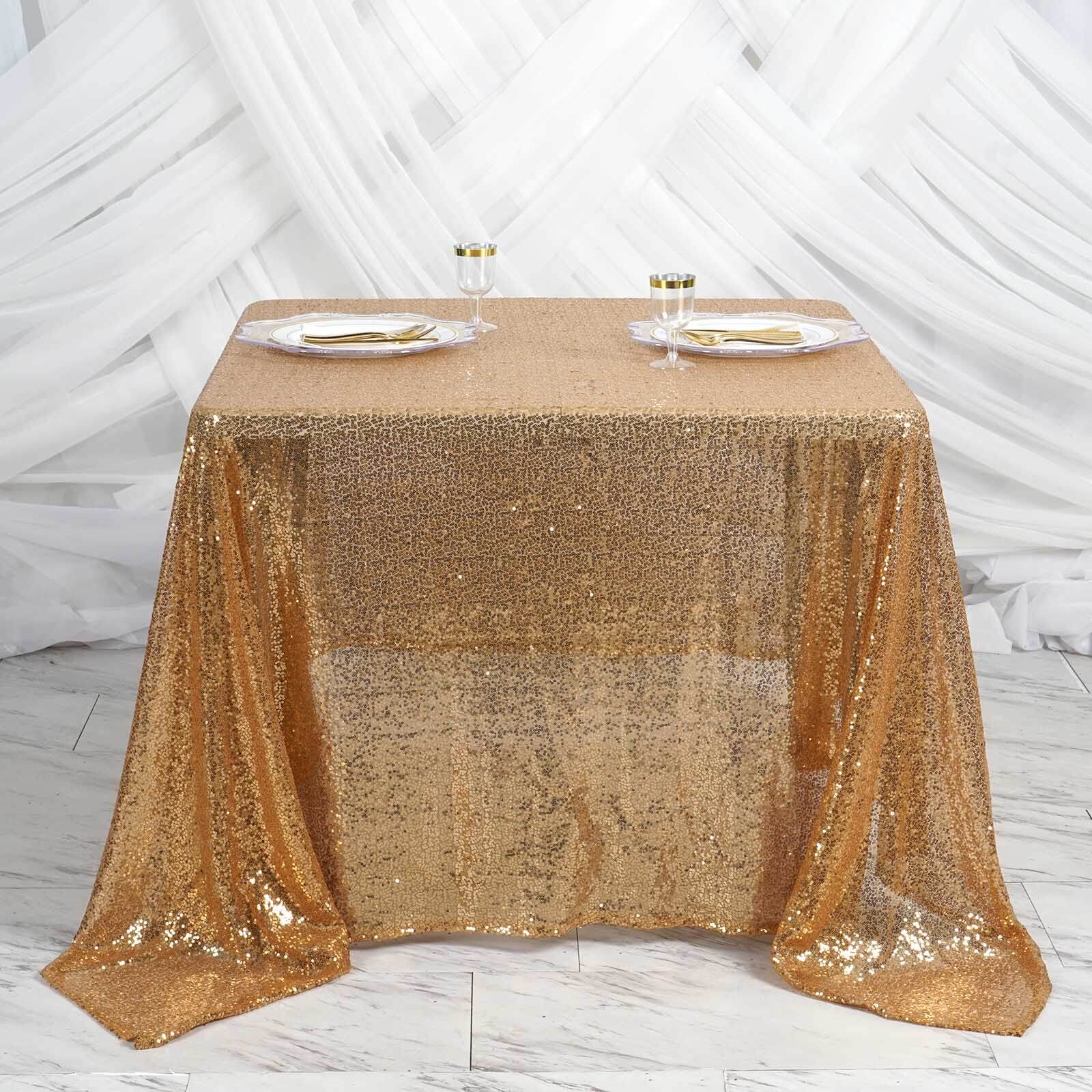 Sequin 90"x90" Table Overlay Square Tablecloth Gold - Sparkly Design for Stylish Celebrations