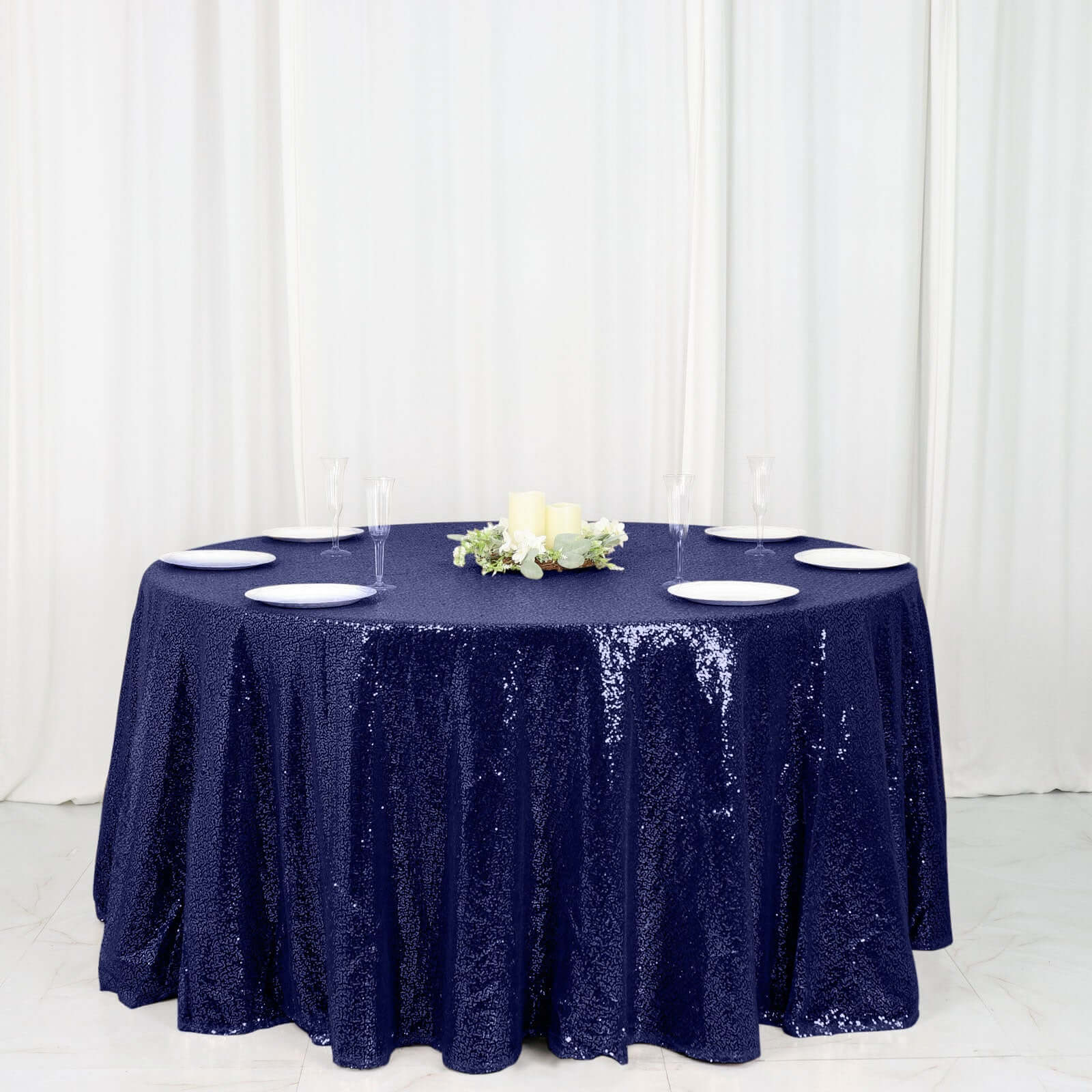 Sequin 120" Round Tablecloth Navy Blue - Seamless Glittering Table Cover