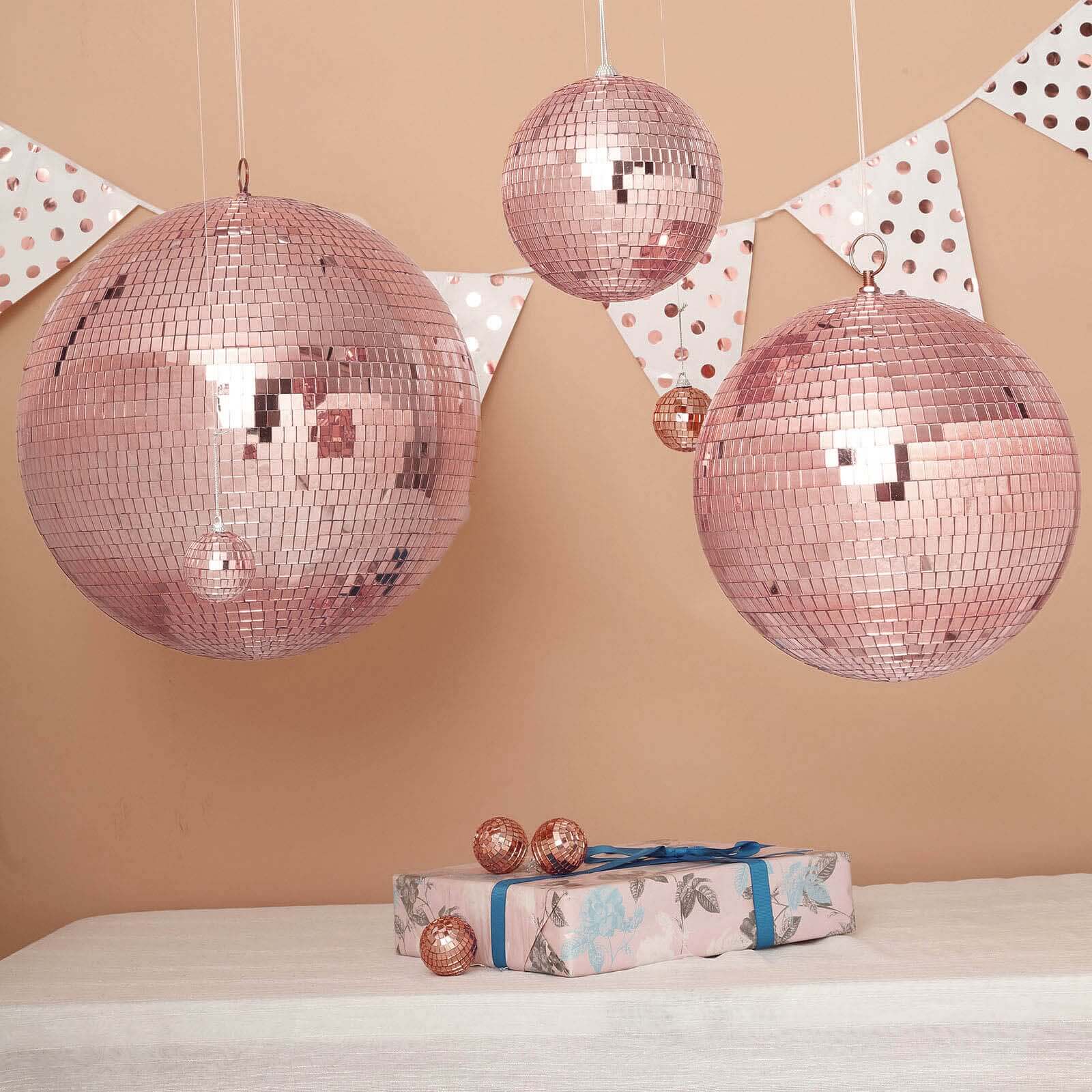 4 Pack 6" Rose Gold Foam Disco Mirror Ball With Hanging Strings, Holiday Christmas Ornaments