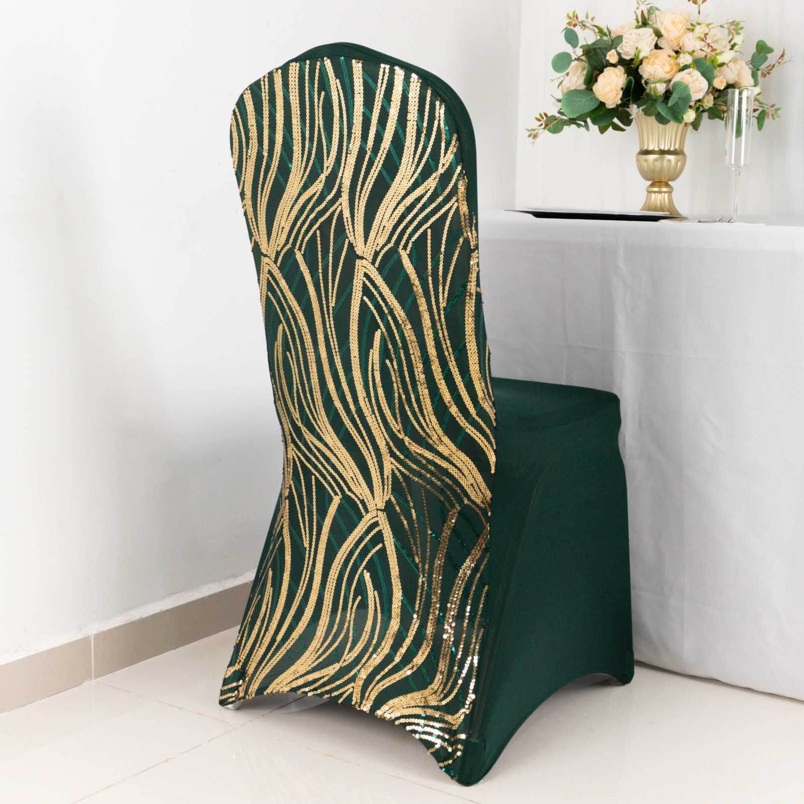 Spandex Chair Cover with Wave Embroidered Sequins for Banquet Chairs Hunter Emerald Green/Gold - Glittering Stretch Fitted Slipcover